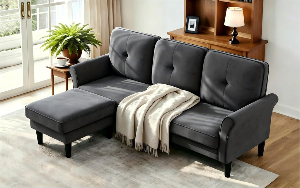 Welzona Sofas for Living Room, 83' Velvet Sectional Couch with Moveable Ottoman, Midcentury Modern Small Sectional Couch, L Shape Sofa & 3 Seater, Couches for Living Room, Apartment, Bedroom, Grey