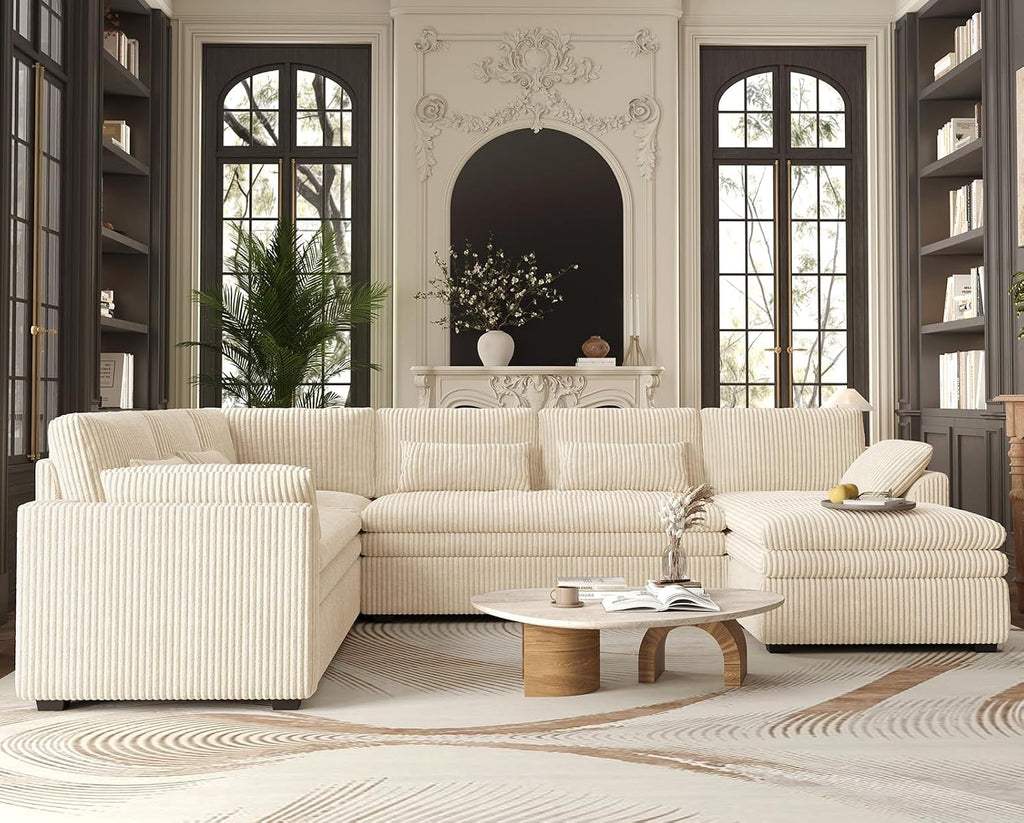 Belffin Large Modular Sectional Sofa with Deep Chaise, Corduroy U Shaped Couch with 9' Soft Dual-Layer 7 Seats Cushion for Living Room, Apartment, Beige