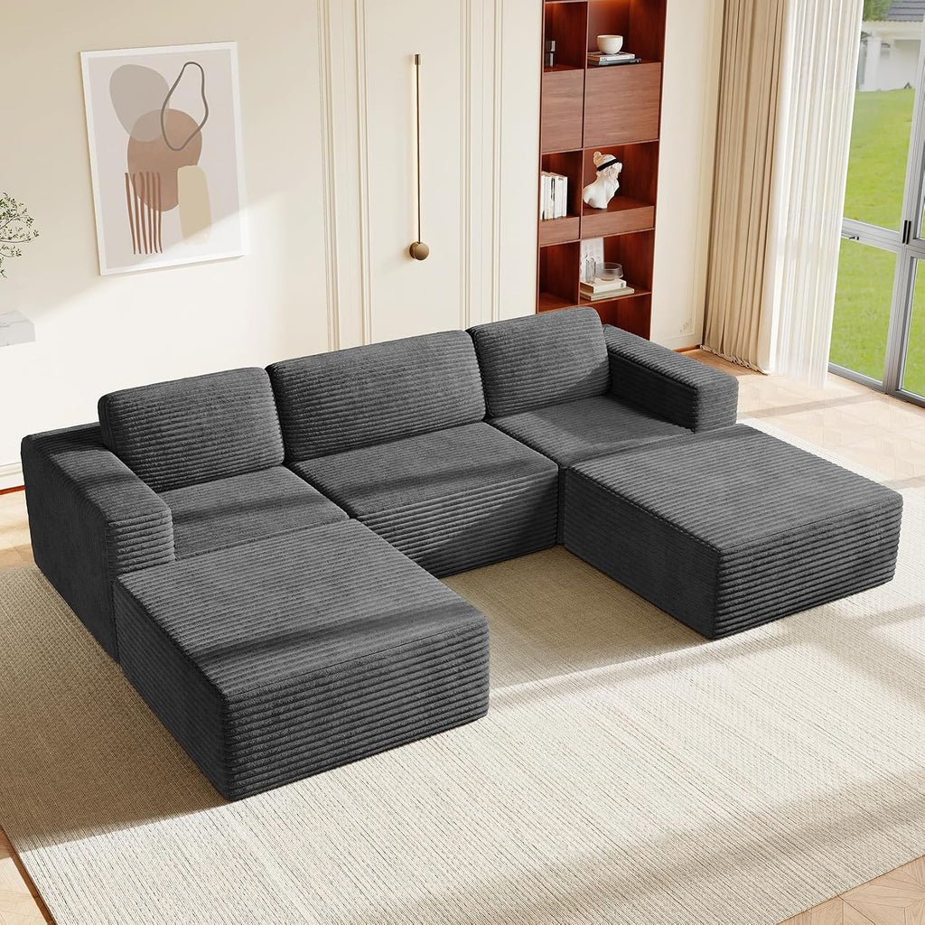 Vesgantti 119' Oversized U-Shaped Modular Sectional Sofa, Corduroy Cloud Couch with Deep Seating & Spring Support, Convertible Sofa with 2 Ottomans, Boneless Couch, No Assembly Required, Grey