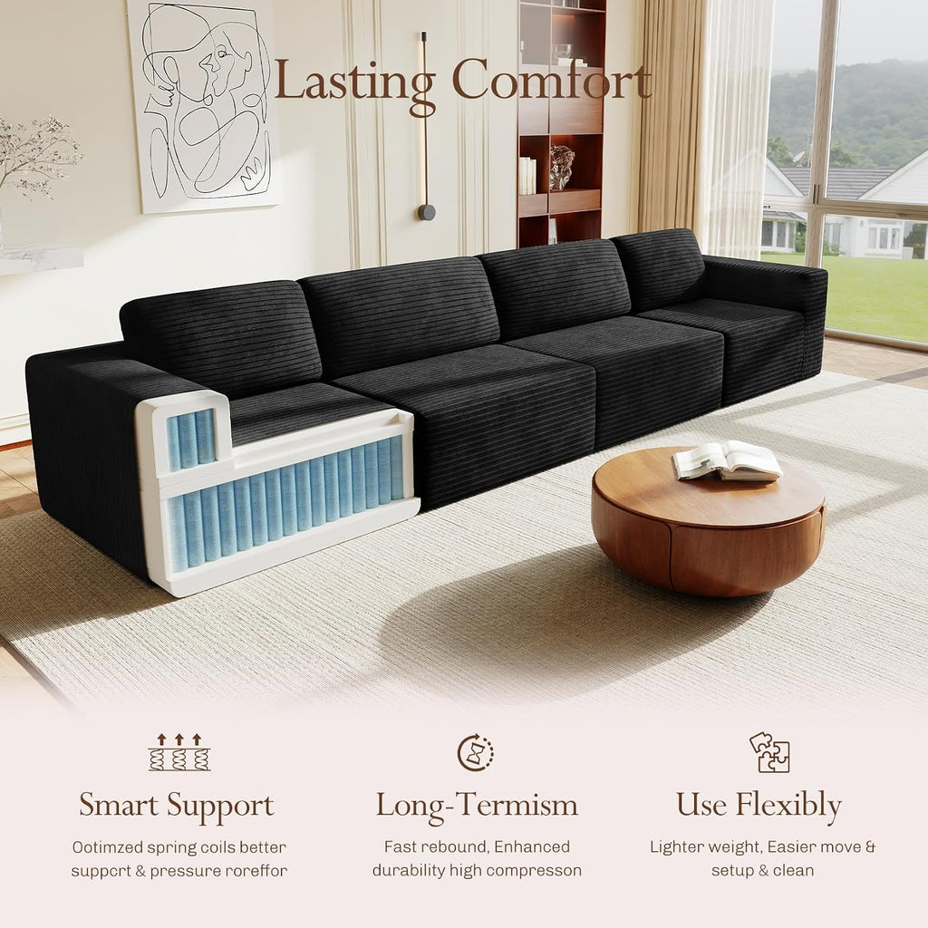 Vesgantti 159' Modular Sectional Sofa, Corduroy Cloud Couch with Extra Deep Seats & Spring Support, Flexible Layout 4-Seater Boneless Couch, No Assembly Required, Black