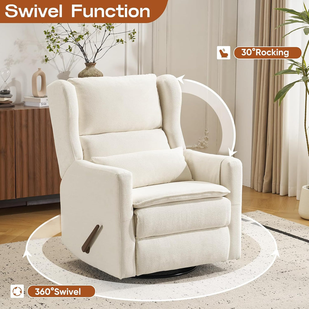Rocking Chair Nursery with Adjustable Headrest,Comfy Swivel Rocker Recliner with Lumbar Support, Manual Nursery Chair Rocker Recliner with Cup Holder and Side Pockets, White