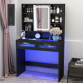 Hadulcet 35.5' Small Vanity Desk with Mirror and Lights, LED Makeup Vanity Desk with Glass Top, Power Outlets, 2 Acrylic Drawers, 7 Storage Shelves for Girls Women and Dressing Room, Black