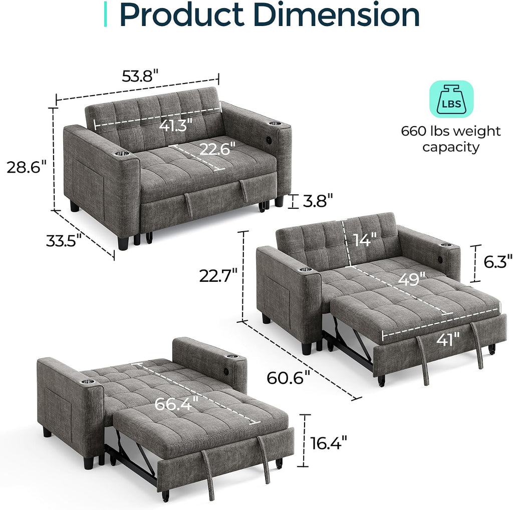 LINSY 54' Pull Out Couch with Charging Station, Small Sleeper Sofa Bed with Cup Holder, 3 in 1 Convertible Loveseat Sleeper Couch for Apartment, Dorm Room, Bedroom and Small Space, Gray