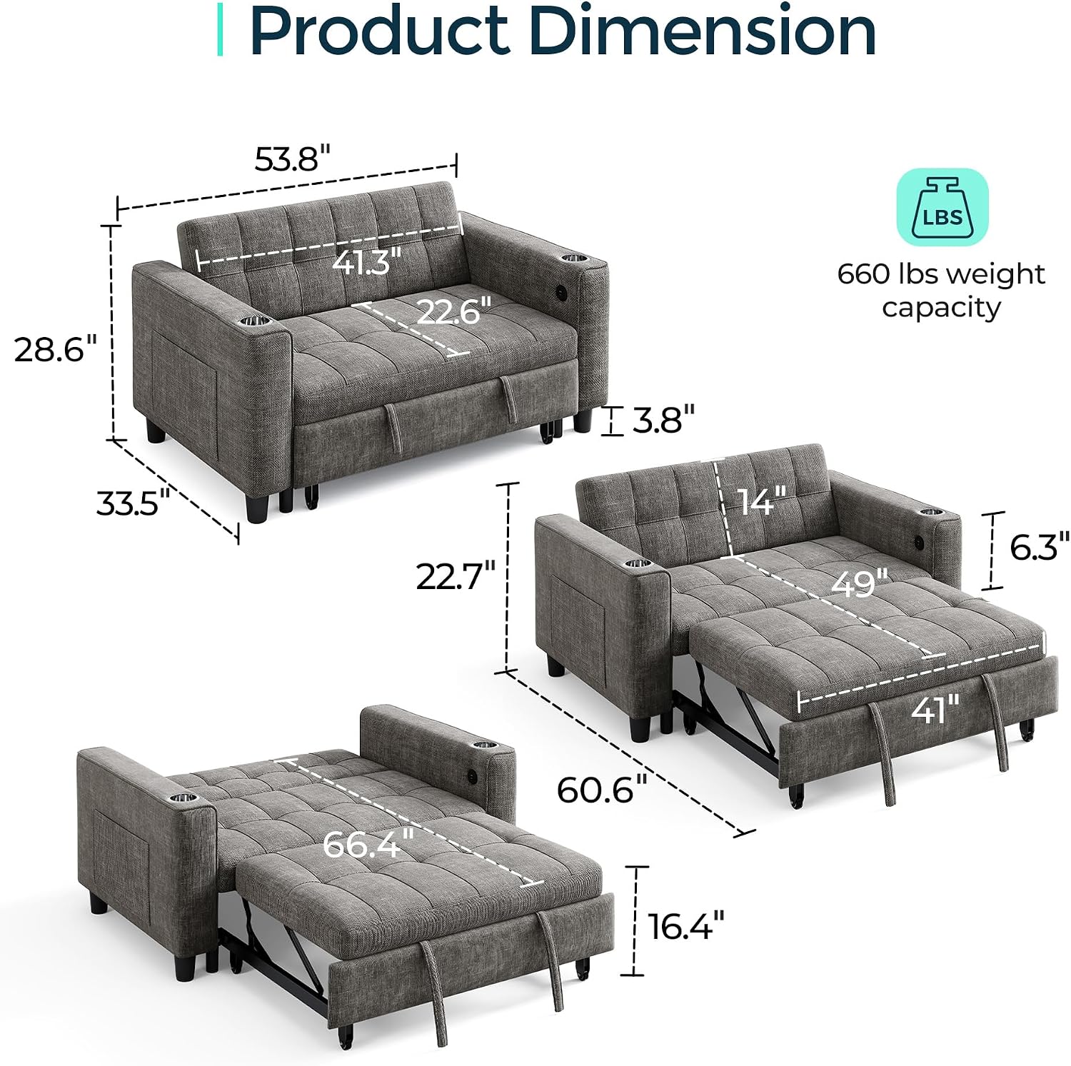 LINSY 54' Pull Out Couch with Charging Station, Small Sleeper Sofa Bed with Cup Holder, 3 in 1 Convertible Loveseat Sleeper Couch for Apartment, Dorm Room, Bedroom and Small Space, Gray
