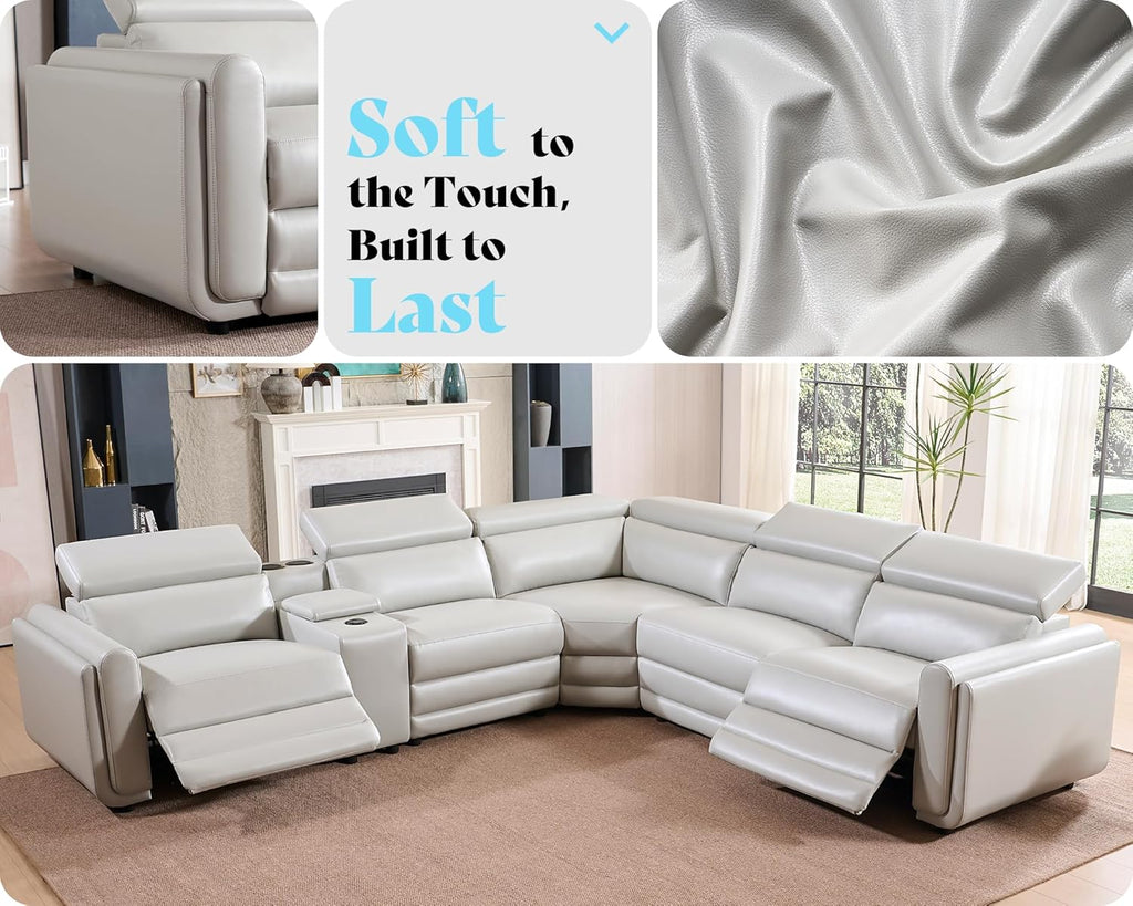 Amerlife Power Recliner Sectional Sofa, Reclining Sofa with Storage/USB Port, Leather Recliner Sofa with Adjustable Headrest, 5-Seat Reclining Sectional Couches with Console and Cup Holder, Light Grey