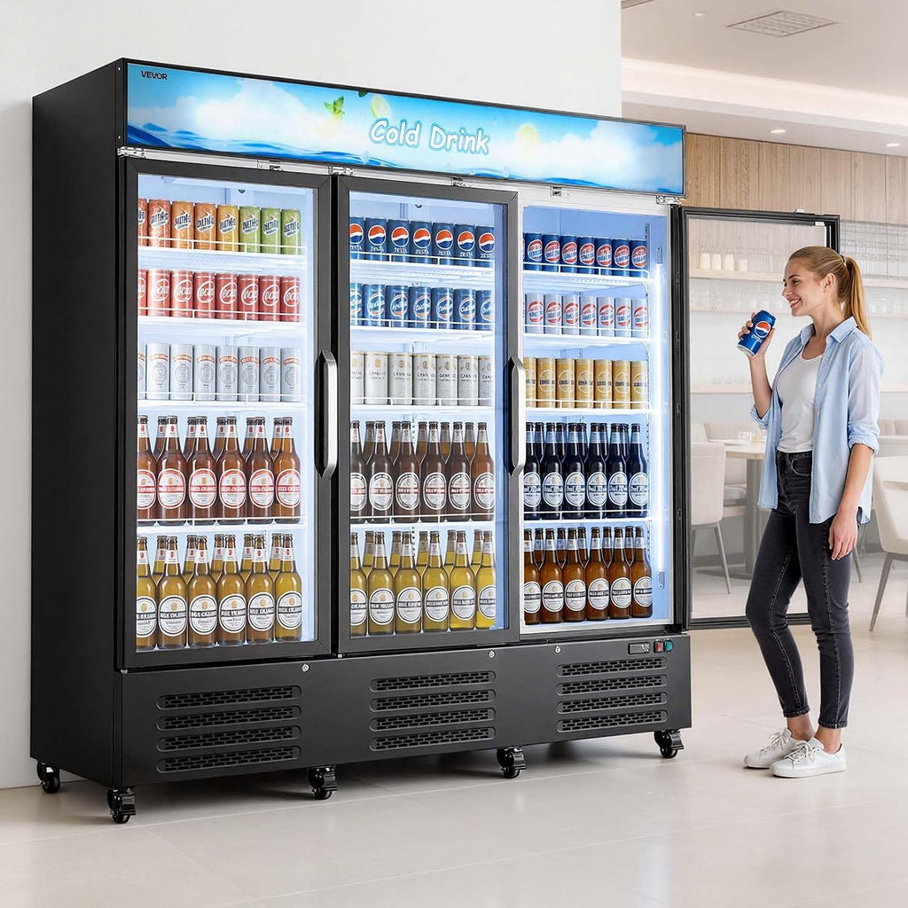 VEVOR Commercial Merchandiser Refrigerator, 54.3 Cu.Ft / 1538L Upright Beverage Cooler, 3 Glass Door Display Refrigerator with Customizable Lightbox, 12 Adjustable Shelves, Soft LED Lighting & Casters