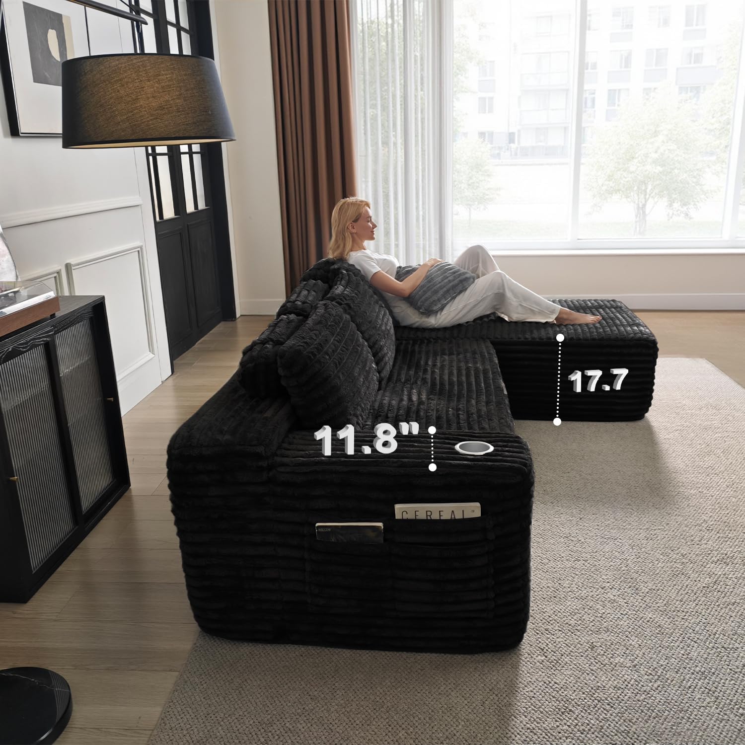 Cloud Sofa Sectional Couch with L-Shape Chaise, Modern Corduroy Boneless Modular Sofa with Cup Holder for Living Room and Apartment, Deep Seat Floor Couch No Assembly (Black, Right Facing Chaise)