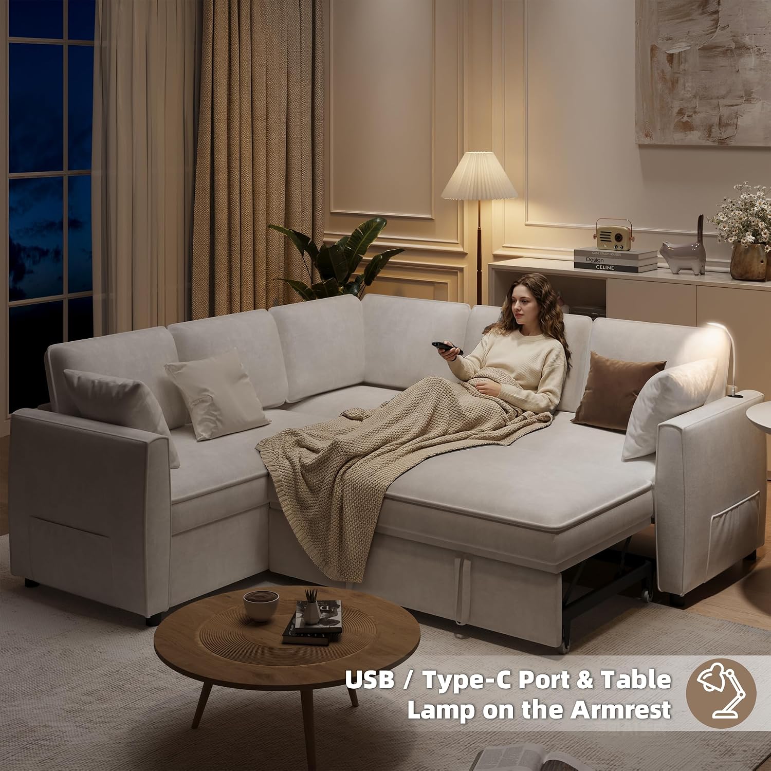 EROMMY 87' Sectional Sofa Couch with Pull Out Bed, 5 Seat L Shaped Pull Out Couch Bed with USB Ports, Velvet Modular Sleeper Sofa Bed with 2 Throw Pillows, Large Sectional Couches for Living Room