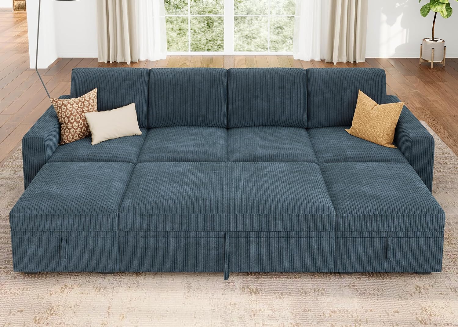 HONBAY Modular Sectional Sleeper Sofa Bed, Corduroy Pull Out Couch with Storage Ottoman, U Shaped Sectional Couches for Living Room, Blue
