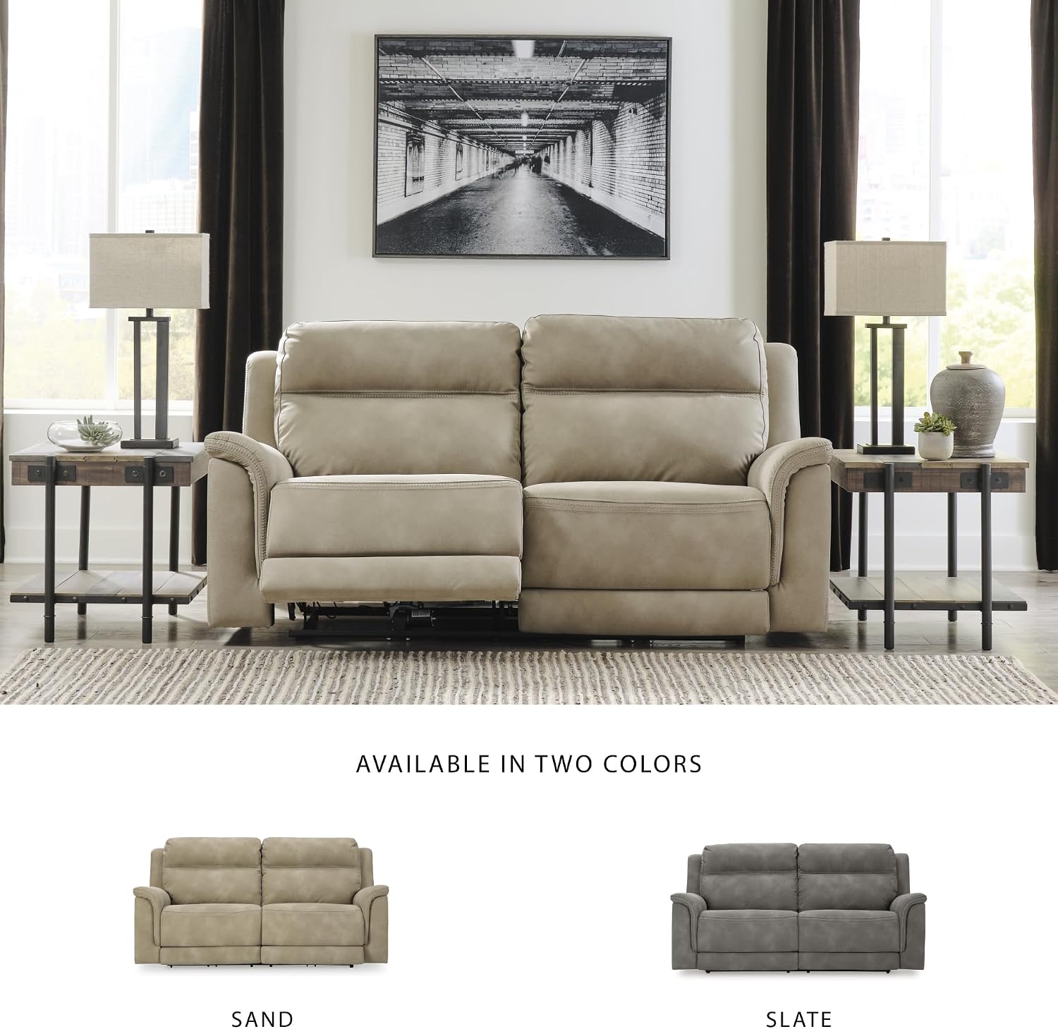 Signature Design by Ashley Next-Gen DuraPella Power Reclining Sofa with Adjustable Headrest, USB, Extended Ottoman, Faux Leather, 80' W x 42' D x 42' H, Beige Sand
