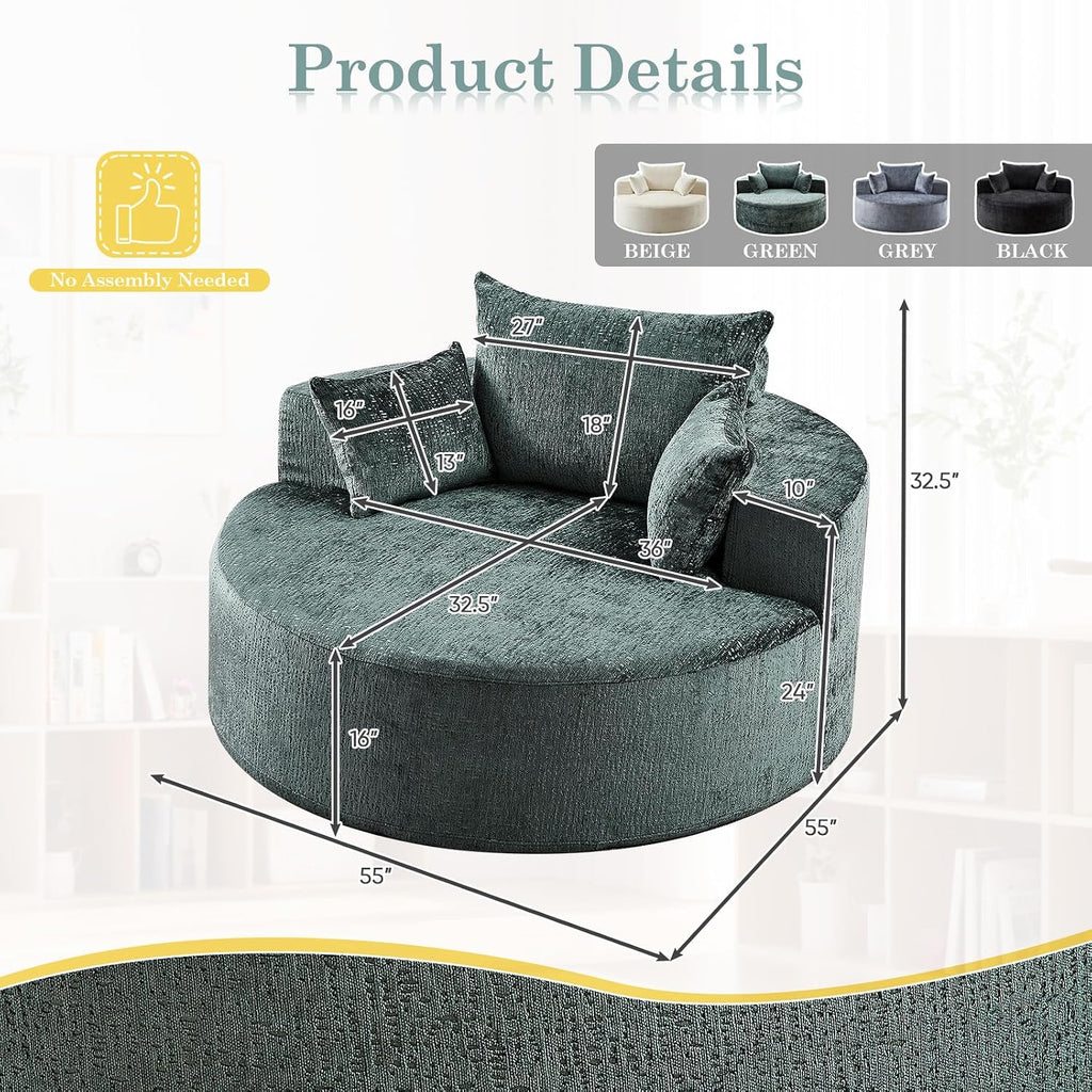 Oversized Round Chaise Longue Chair Indoor, Modern 55-inch Upholstered Chenille Deep Seat Circle Single Cloud Lounge Floor Sofa Chair for Living Room, Bedroom Apartment, Green