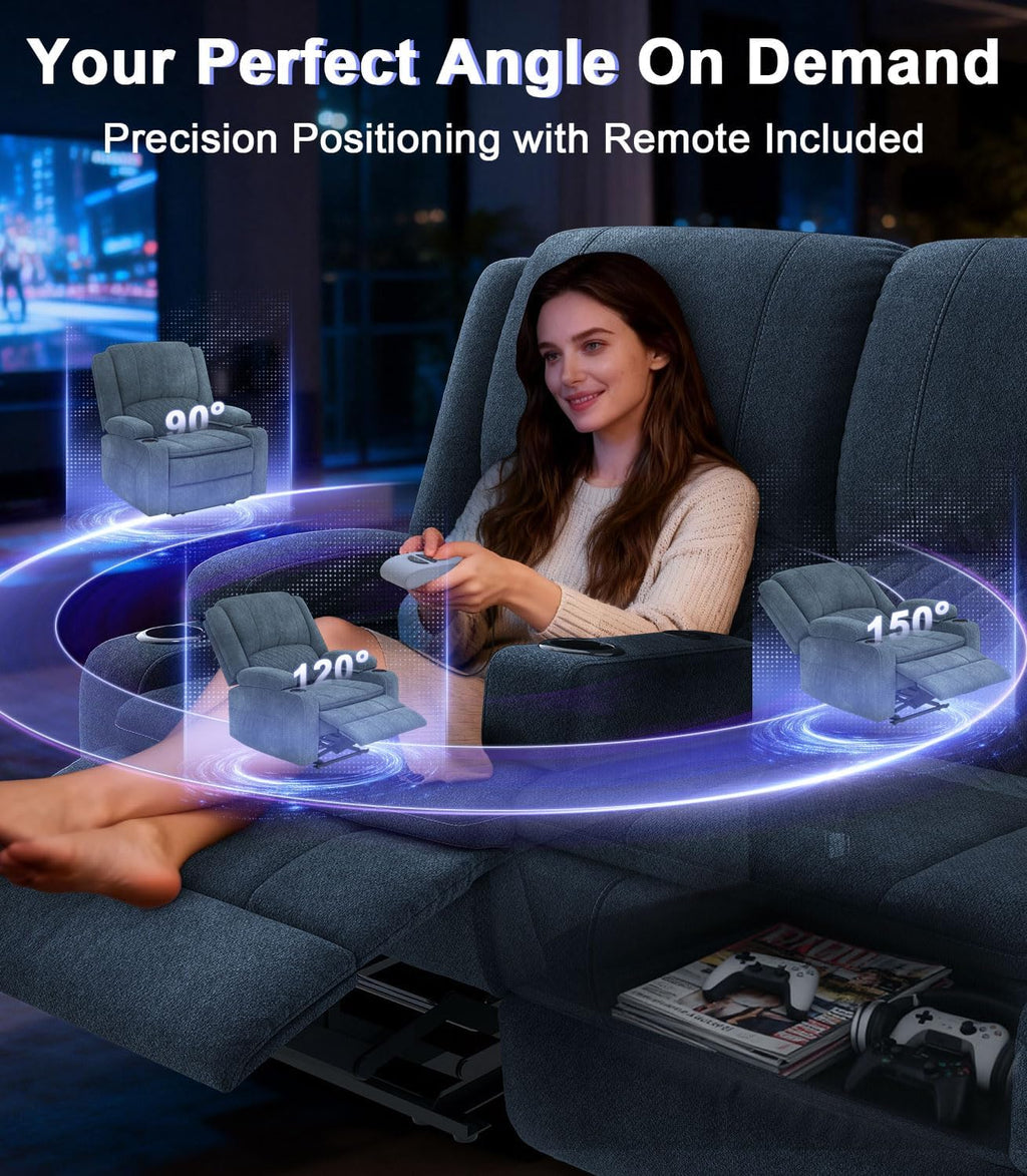 Power Loveseat Recliner Sofa, Removable Armrest 3 Seats Power Reclining Loveseat with Remote Liftable Console, Wall Hugger RV Theater Seating with Storage & USB & RGB (Fabric, Blue)