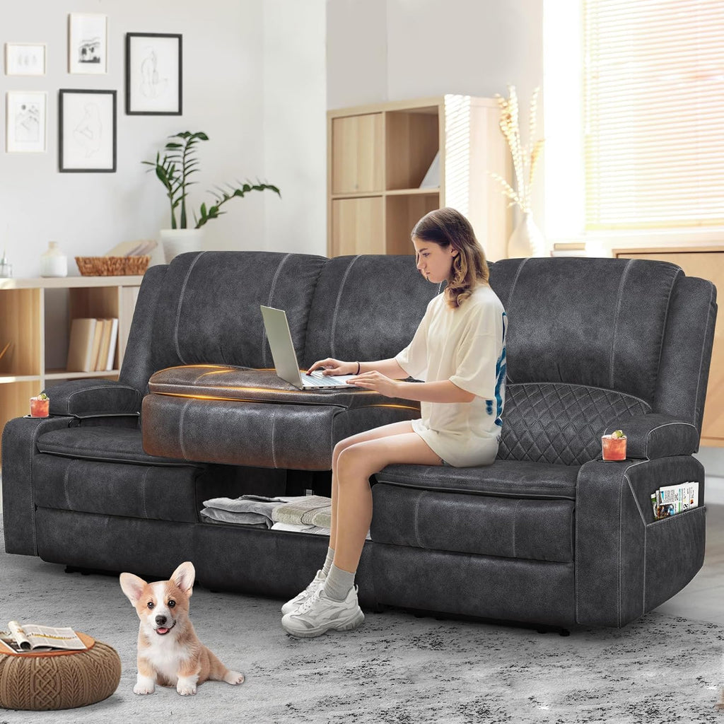 Yolsali 3-Seater Recliner Sofa, Manual Reclining Couch with Multi-Functional Middle Seat, Reclining Sofa for Living Room with Hidden Storage Space, Cup Holders, and Removable Console - Velvet Grey