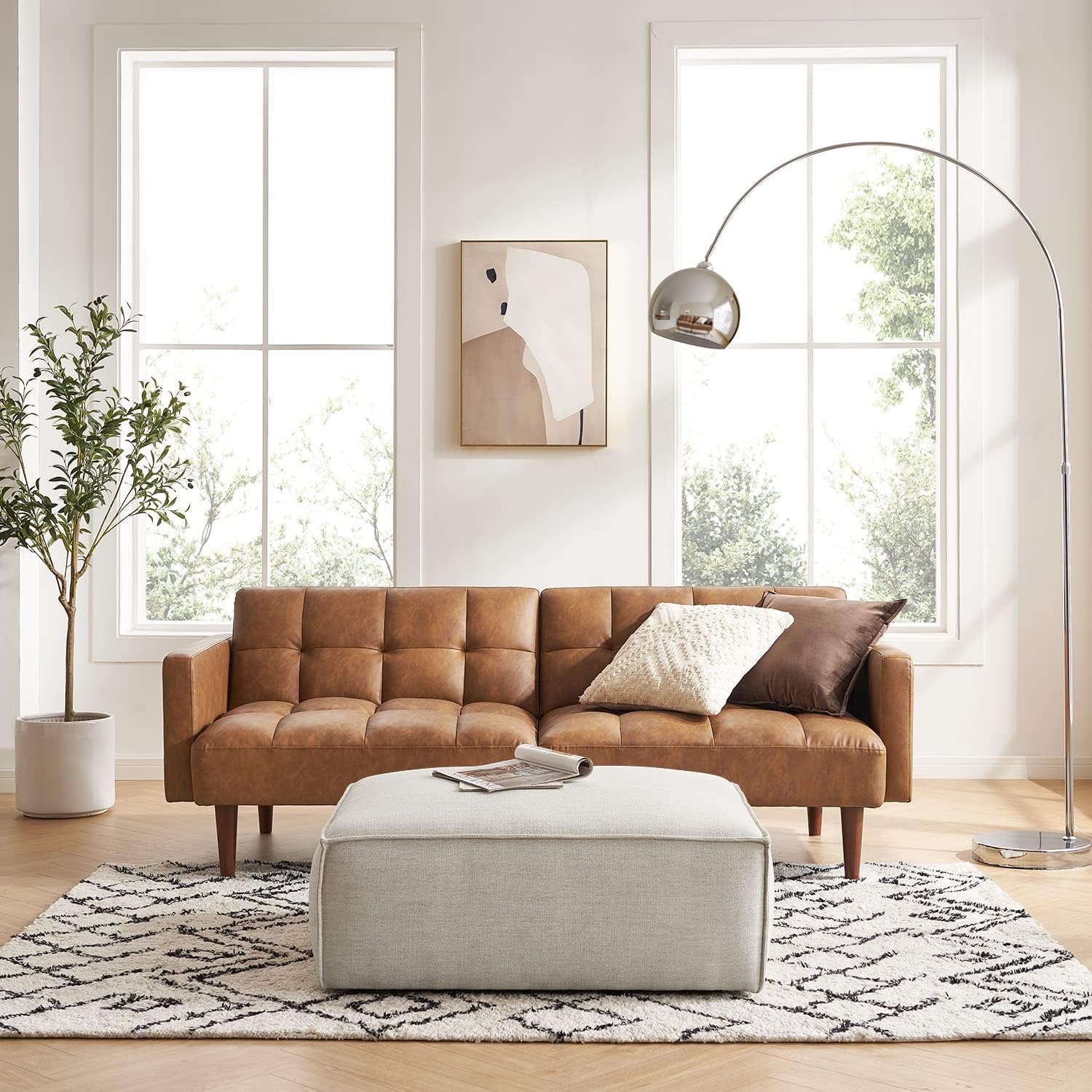 mopio 76.4' Futon Sofa Bed, Couch, Loveseat, Sleeper Sofa, Mid Century Modern Futon Couch, Sofa Cama, Couches for Living Room (Aaron PU, Pecan Brown)