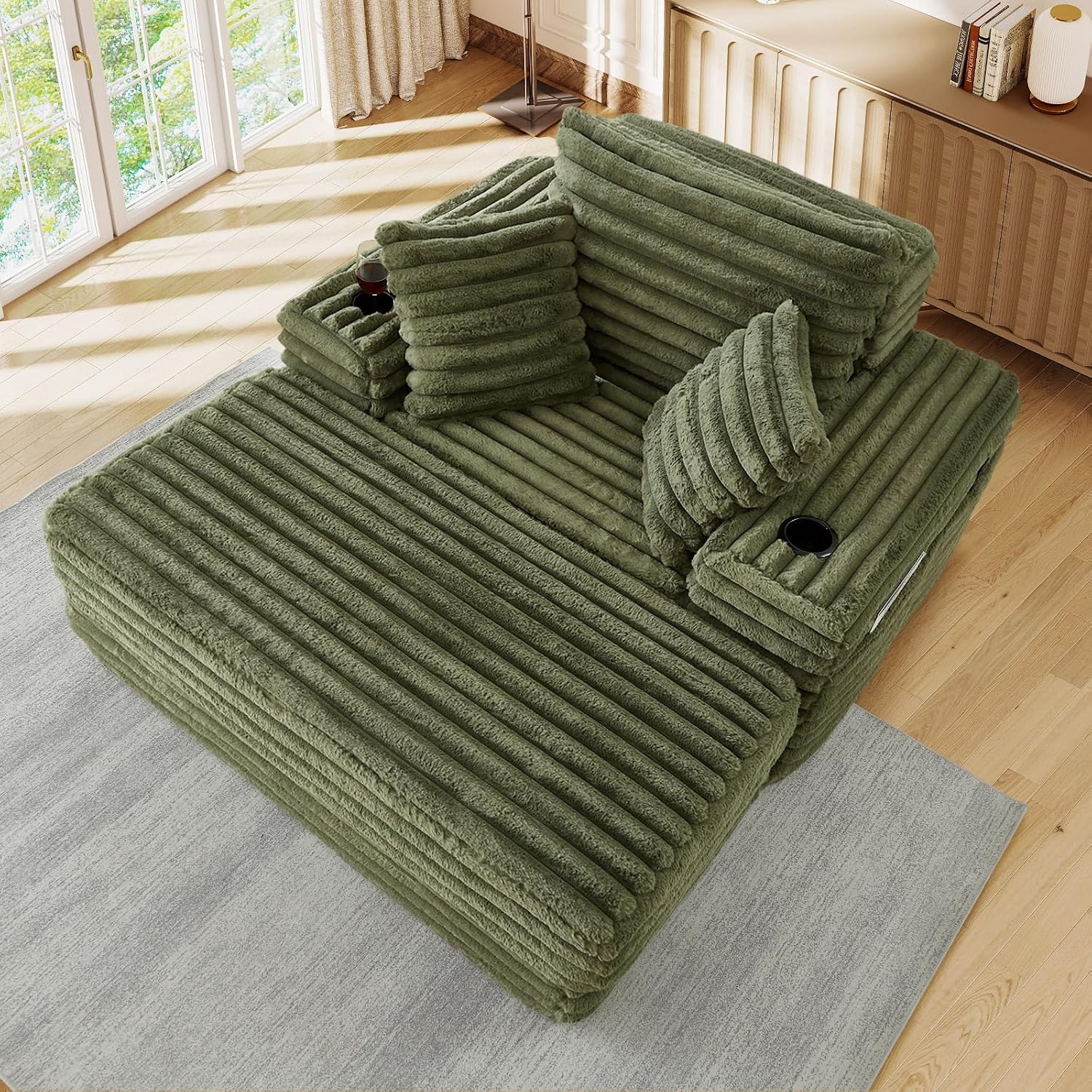5-In-1 Oversized Chaise Lounge Chair Indoor with Ottoman,54.5'W Faux Fur Convertible Folding Sleeper Sofa Bed with Cup Holder&Side Pocket,Comfy Boneless Couch Sofa Chair for Living Room,Bedroom(Green)