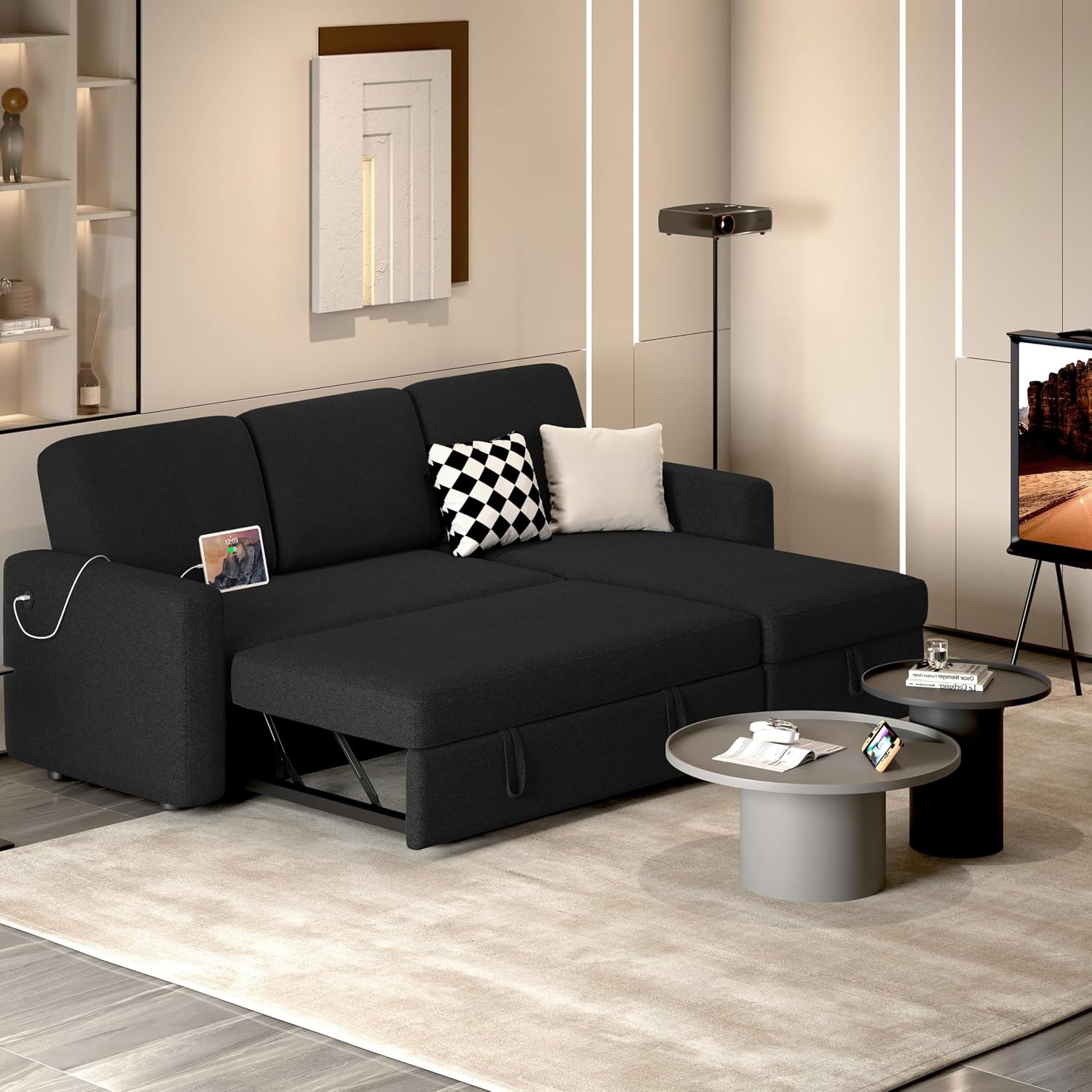 Yaheetech Sectional Sofa L-Shaped Sofa Couch Bed w/Chaise & USB, Reversible Couch Sleeper w/Pull Out Bed & Storage Space Living Room Black