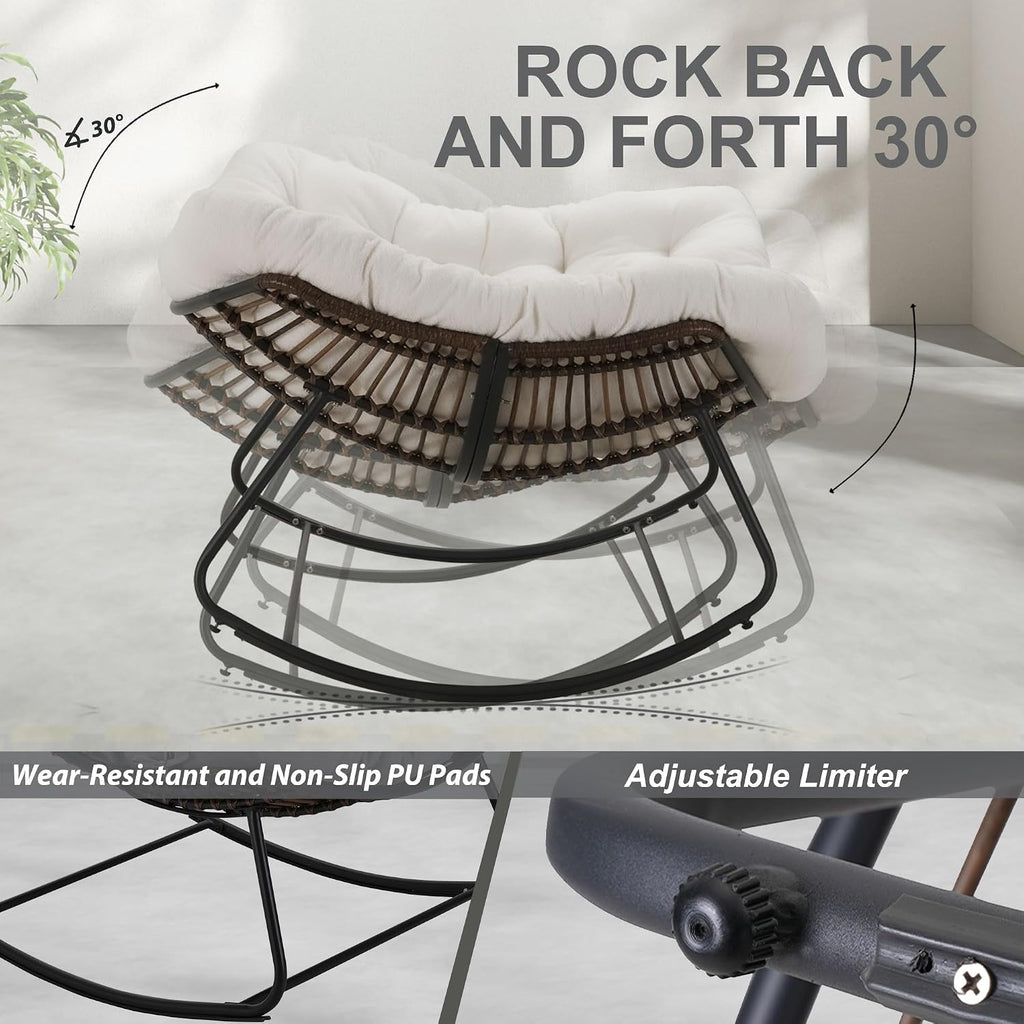 Outdoor Papasan Rocking Chair Oversized, Rattan Rocking Chair, Patio Wicker Egg Chair with Padded Cushion, Rocker Egg Chair for Living Room, Patio, Front Porch, Backyard