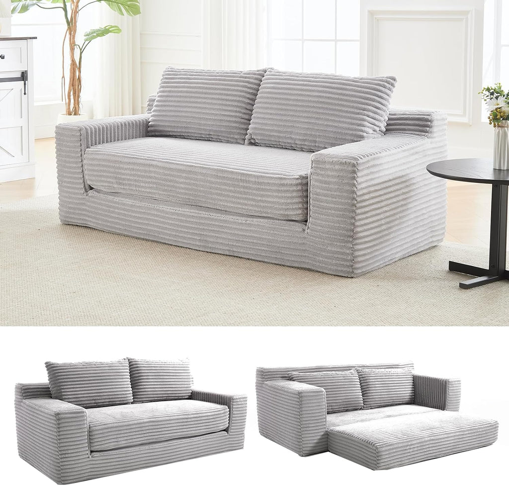 GNIXUU Corduroy Cloud Loveseat Sofa, 2 in 1 Convertible Sleeper Sofa with Fixed-Shape Frame, Comfy Folding Boneless Love Seat Couches for Living Room, Apartment, Small Spaces Grey