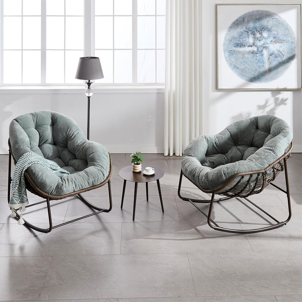 Papasan Rocking Chairs Outdoor Indoor, Oversized Rattan Rocker Patio Chair with Padded Cushion, Comfy Modern Indoor Egg Chair for Living Room, Bedroom, Porch, Garden, Balcony(Corduroy, Light Green)