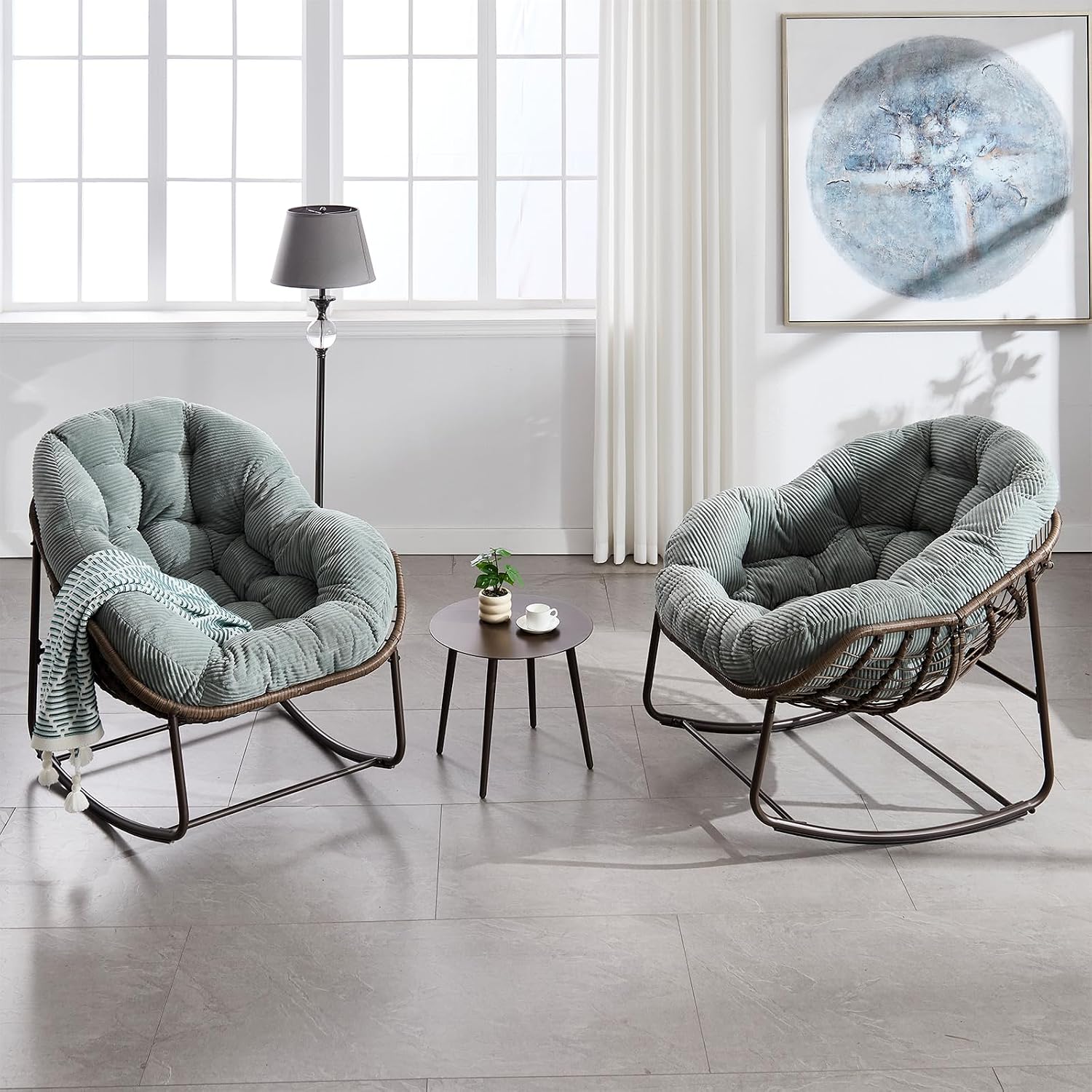 Papasan Rocking Chairs Outdoor Indoor, Oversized Rattan Rocker Patio Chair with Padded Cushion, Comfy Modern Indoor Egg Chair for Living Room, Bedroom, Porch, Garden, Balcony(Corduroy, Light Green)