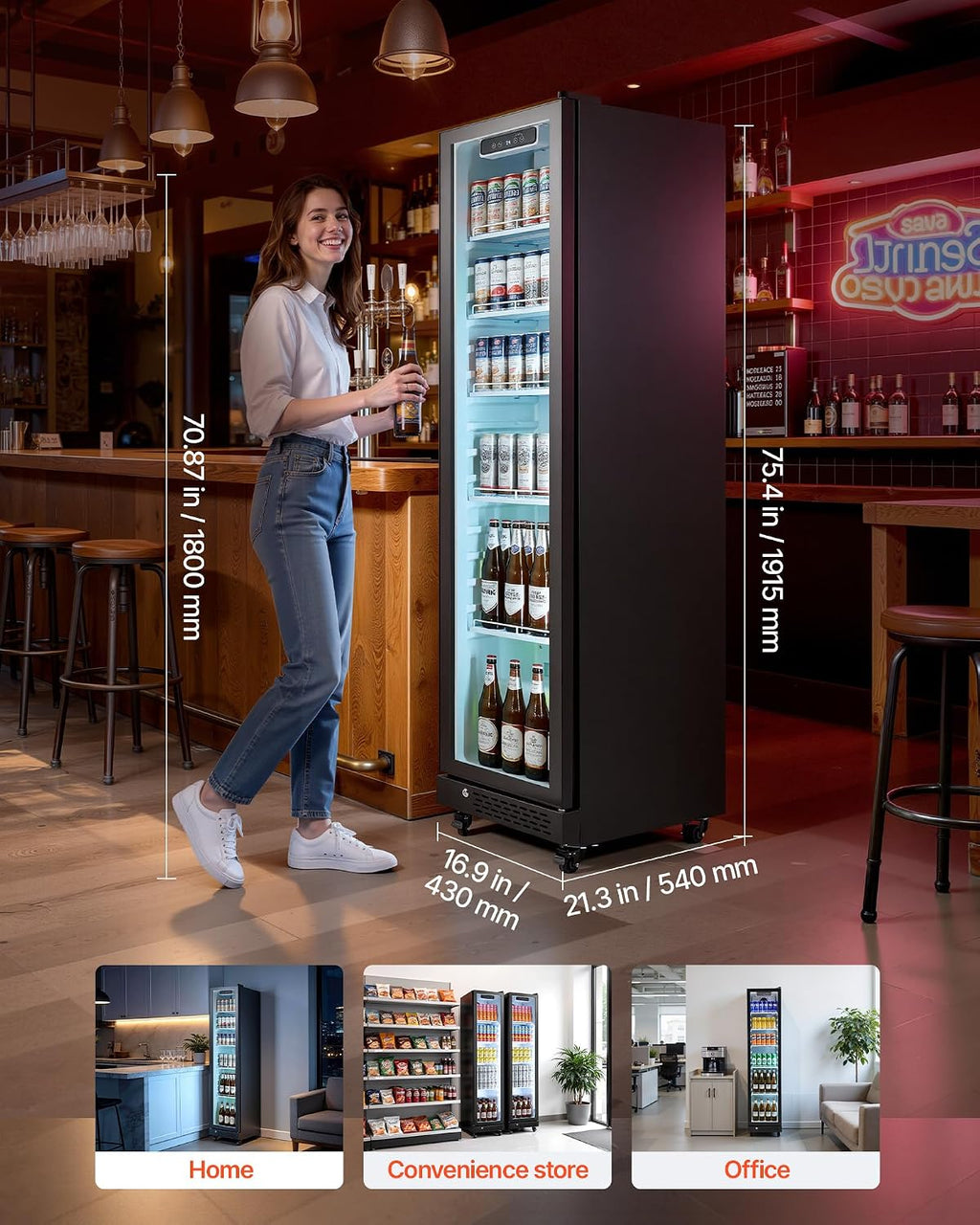 VEVOR Commercial Merchandiser Refrigerator, 8.3 Cu.Ft / 235 L Glass Door Display Refrigerator, Upright Beverage Cooler Fridge with 5 Adjustable Shelves, Soft LED Light & Casters for Homes Shops Bars