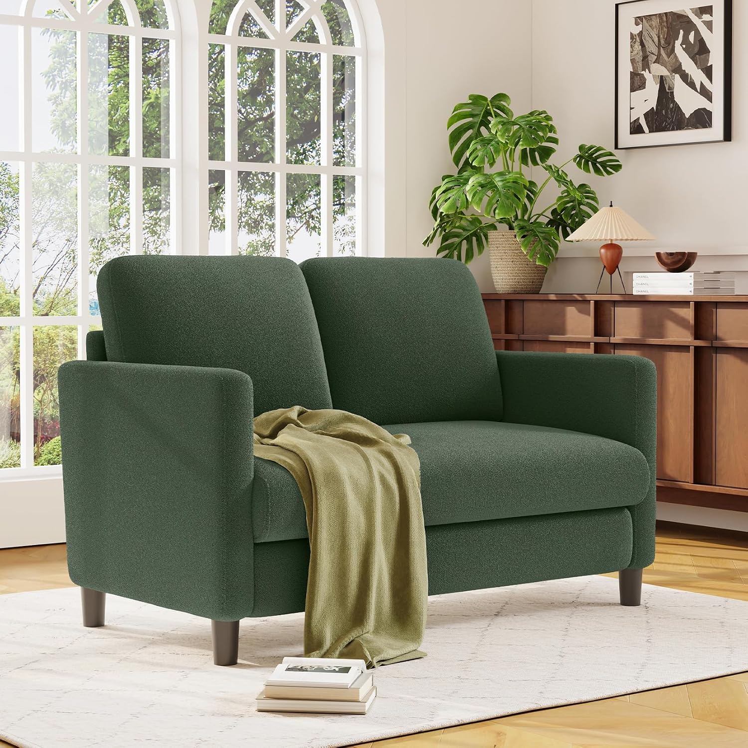 Welzona Loveseat, 51' Small Couch, Comfy Teddy Love Seat for Living Room, Tool-Free Setup Loveseat Sofa for Small Spaces, All-Wood Small Sofa Couch for Bedroom, Green