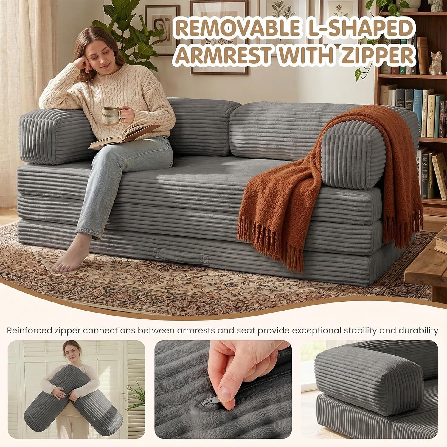 JUIKURY Folding Sofa Bed, Convertible Sleeper Chair with Pilow Foldable Matress, 2 in 1 Pull Out Loveseat Sofa Portable Fold Out Chair Bed Floor Couch Lounge for Living Room (Grey, Queen-82'L x 60'W)