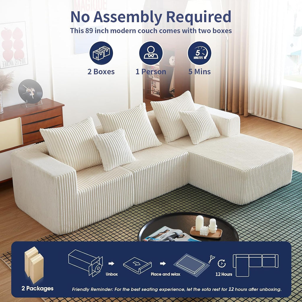 102' Sectional Couches for Living Room,Boneless Cloud Couch,L-Shaped Sofa with Oversized Deep Seat,Comfy Couch for Apartment,Compressed Sofa in a Box,No Assembly Required(Corduroy,Beige)
