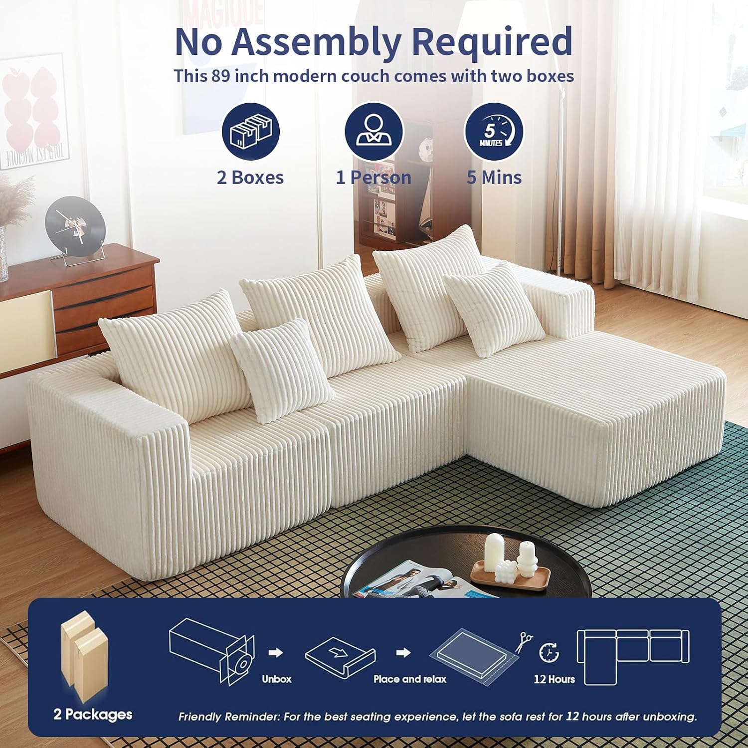 102' Sectional Couches for Living Room,Boneless Cloud Couch,L-Shaped Sofa with Oversized Deep Seat,Comfy Couch for Apartment,Compressed Sofa in a Box,No Assembly Required(Corduroy,Beige)
