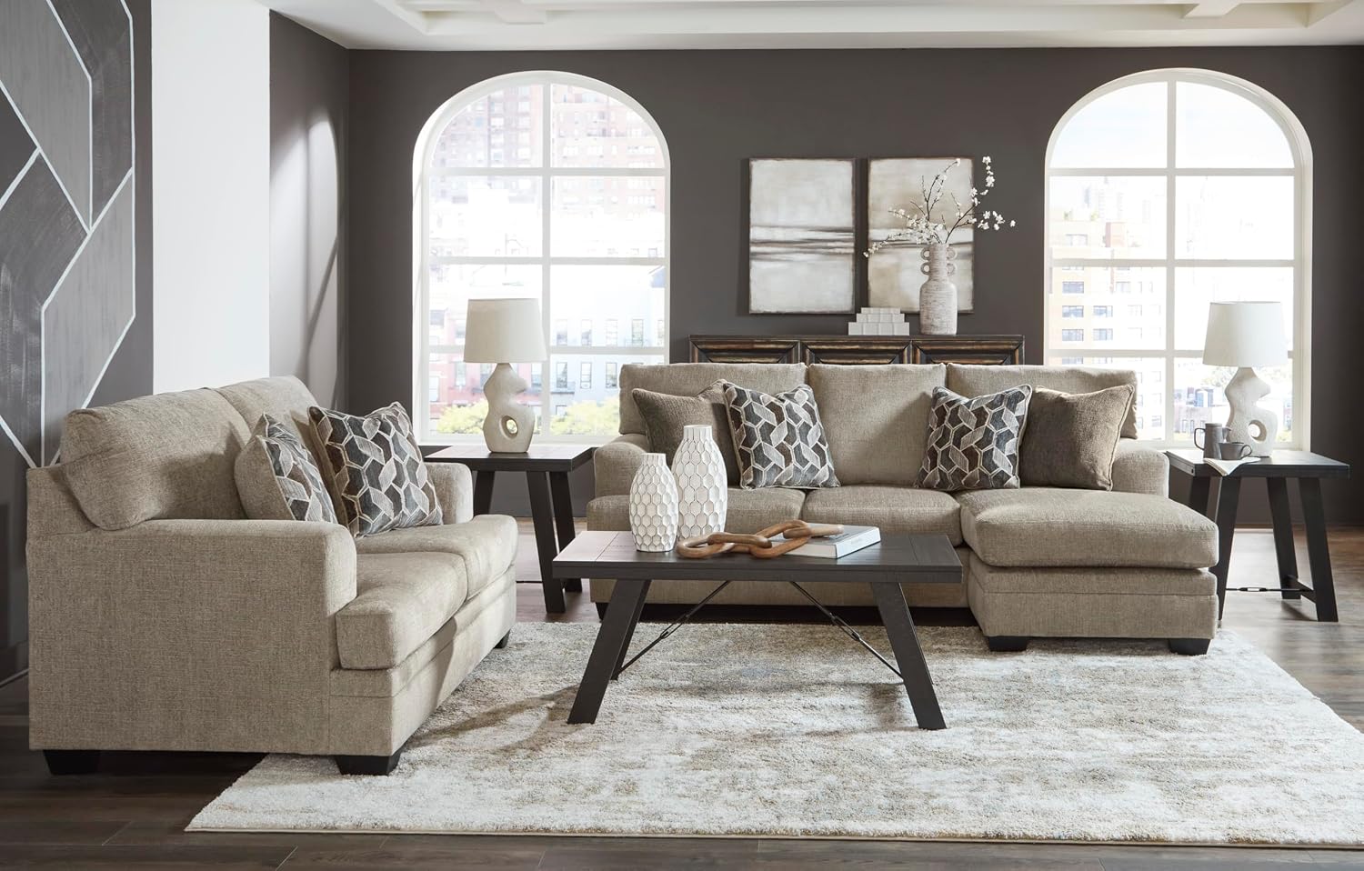 Signature Design by Ashley Stonemeade Casual Loveseat with 2 Toss Pillows, Light Brown