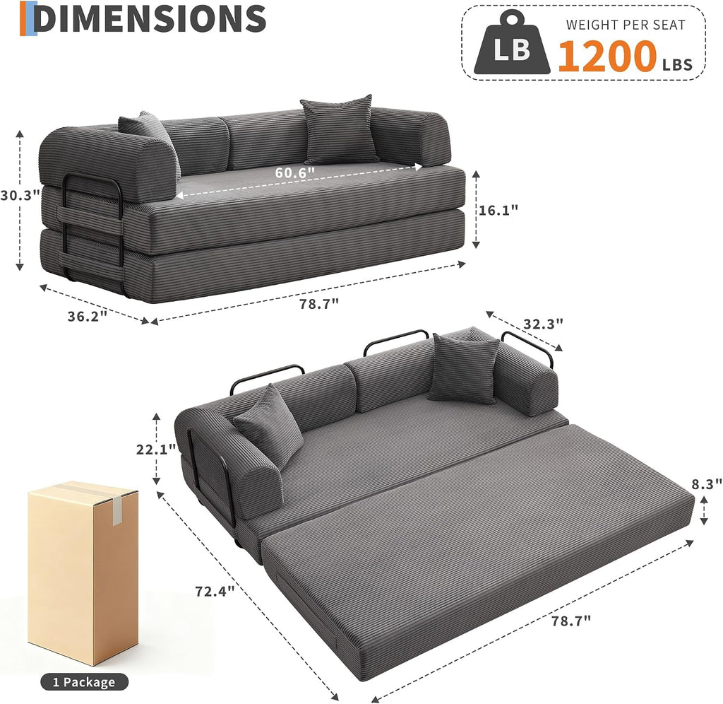 GarveeHome 79' Convertible Sleeper Sofa Bed Couch, 4-in-1 Boneless Corduroy Folding Sofa Bed with Pillow & Fixed-Shape, Floor Mattress Couch Loveseat for Living Room Apartments - No Assembly, Gray
