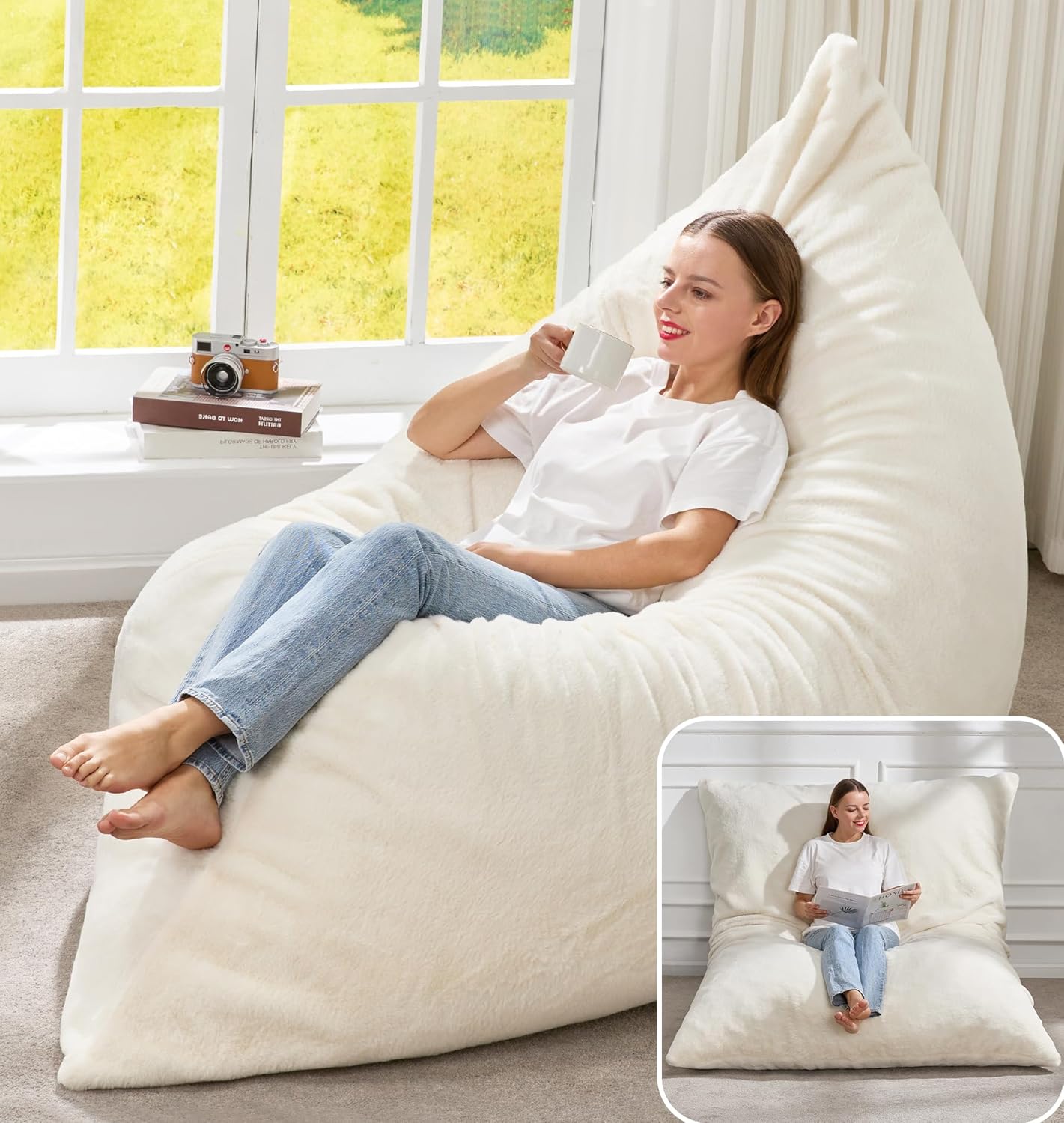 Hobestluk 3 in 1 Bean Bag Chair Giant Bean Bag Chairs for Adults with Plush Faux Fur Cover Convertible Bean Bag Floor Cushion with Machine Washable Cover for Living Room (Plush White)