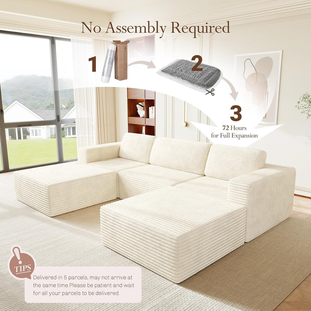 Vesgantti 119' Oversized U-Shaped Modular Sectional Sofa, Corduroy Cloud Couch with Deep Seating & Spring Support, Convertible Sofa with 2 Ottomans, Boneless Couch, No Assembly Required, Beige
