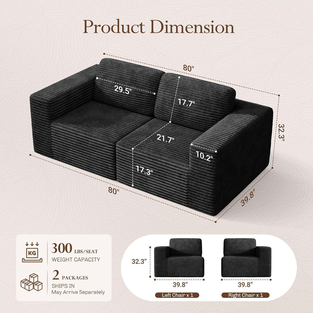 Vesgantti 80' Modular Sectional Sofa, Corduroy Cloud Couch with Deep Seating & Spring Support, 2 Seater Compact Modular Couch, Boneless Sectional Sofa for Small Spaces, No Assembly Required, Black