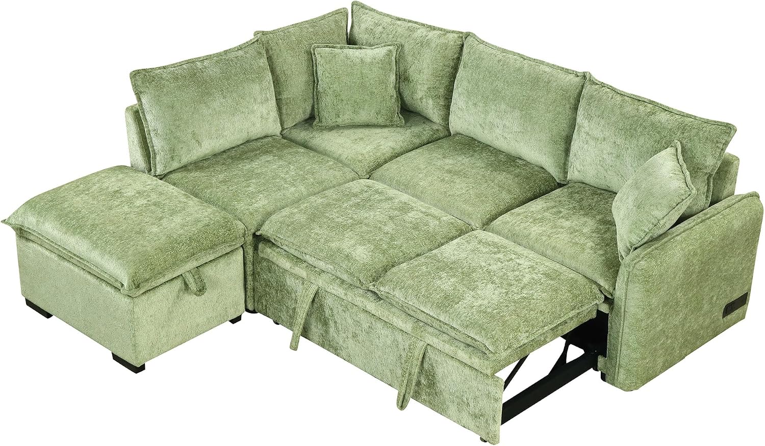 LUMISOL 82.7' Convertible Sleeper Sofa Bed with Storage Ottoman, L-Shaped Sectional Sofa with Pull Out Bed, USB Ports, Chenille Sleeper Sofa Couch with Chaise for Living Room, Green