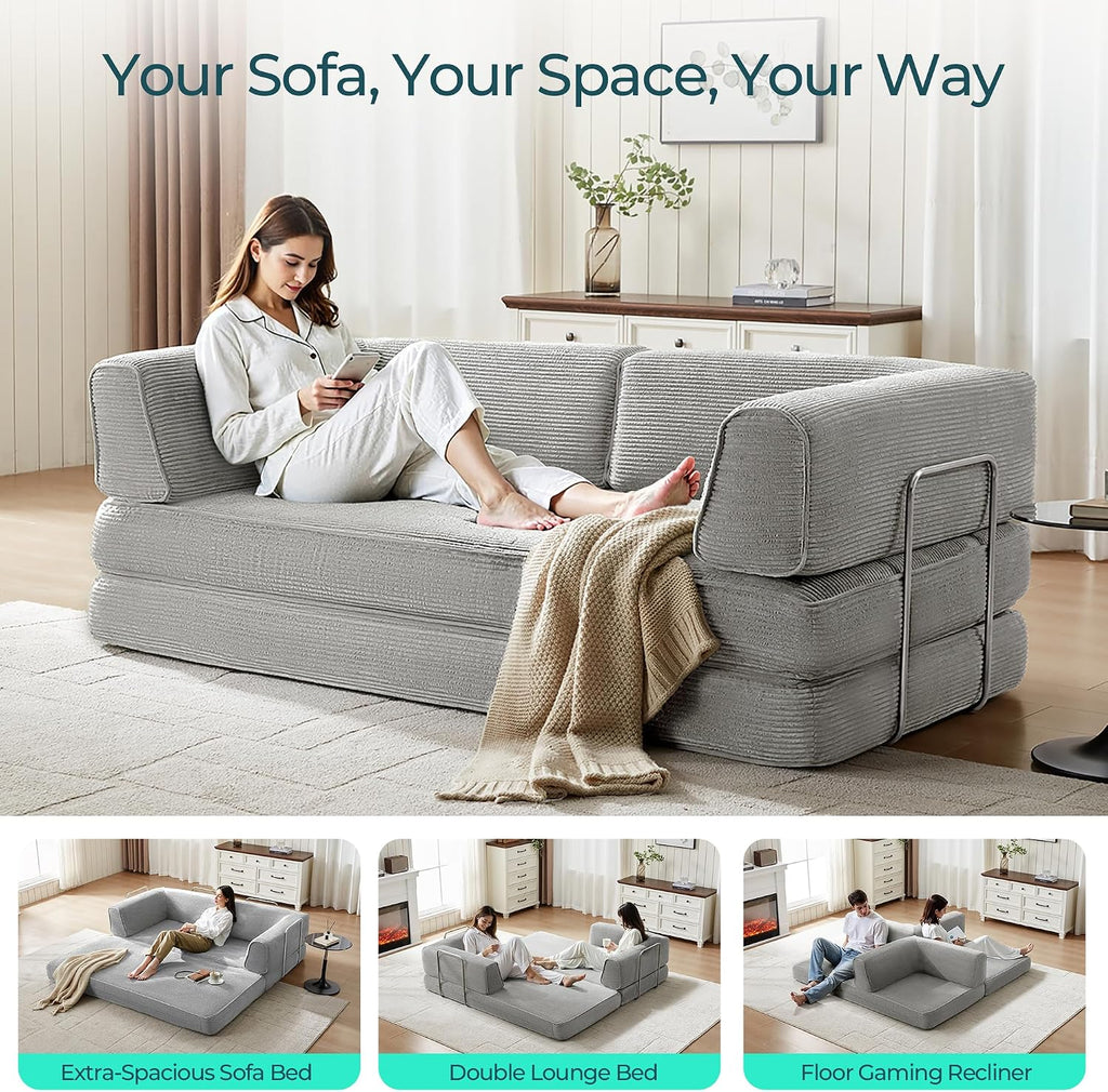 LINSY HOME 79'' Convertible Sofa Bed - Sleeper Sofa Compression Folding Loveseat Sleeper - Foldable Corduroy Couch Bed for Living Room Bedroom - Modular Sectional Compressed Sofa in Box, Grey