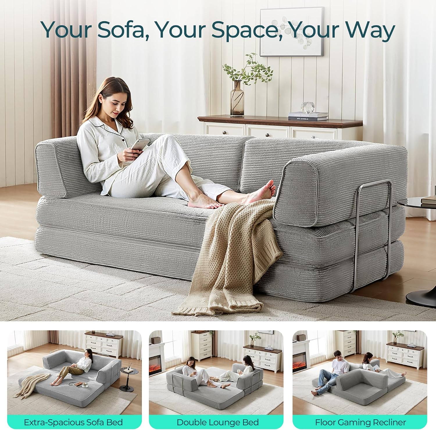 LINSY HOME 79'' Convertible Sofa Bed - Sleeper Sofa Compression Folding Loveseat Sleeper - Foldable Corduroy Couch Bed for Living Room Bedroom - Modular Sectional Compressed Sofa in Box, Grey