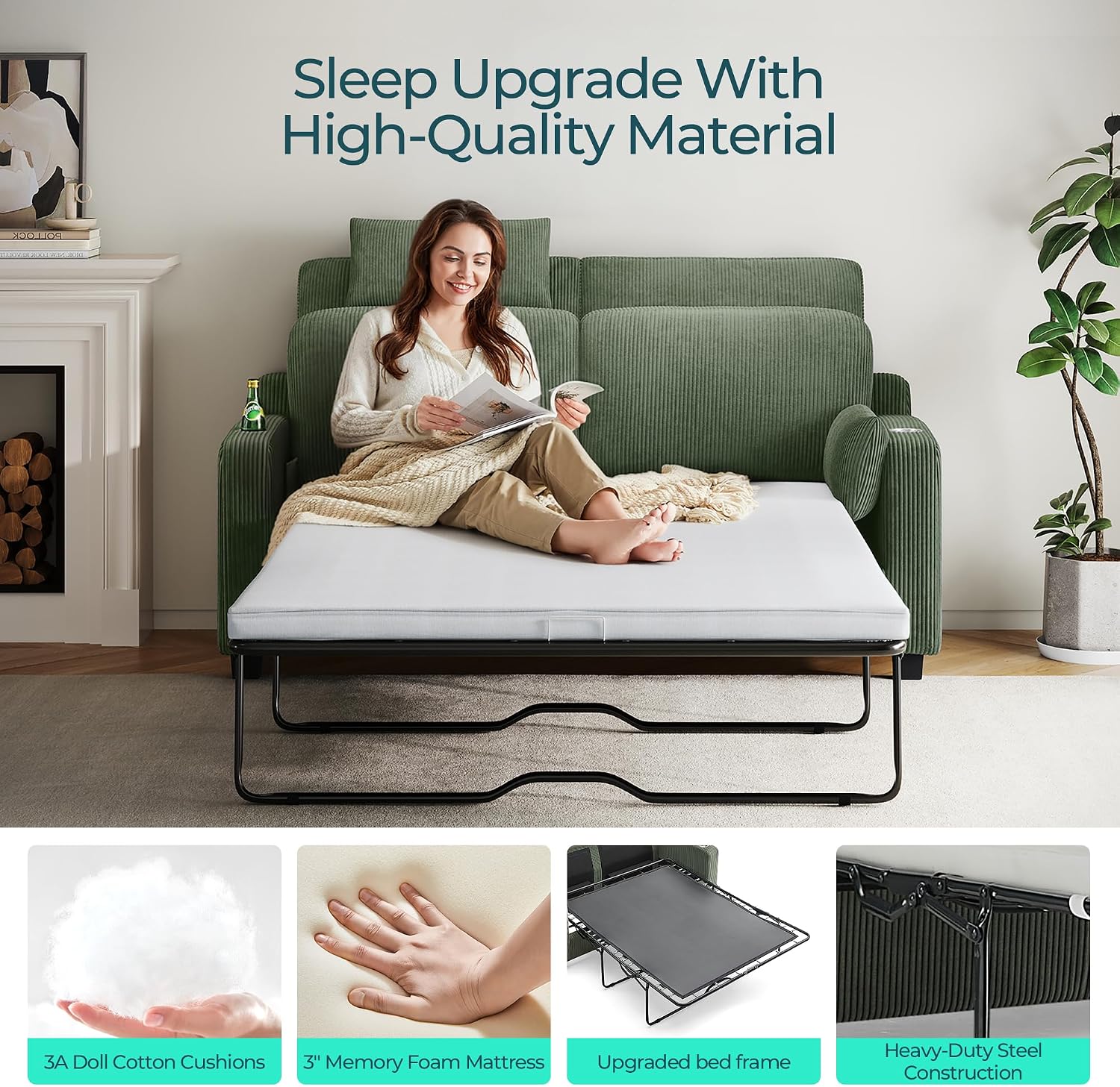 LINSY HOME Pull Out Sofa Bed - Convertible Loveseat Sleeper Sofa, Upgraded Bed Frame Pullout Couch - USB Charging & Cup Holders, Corduroy Sofa Bed for Living Room Small Space, Queen Size (Green)