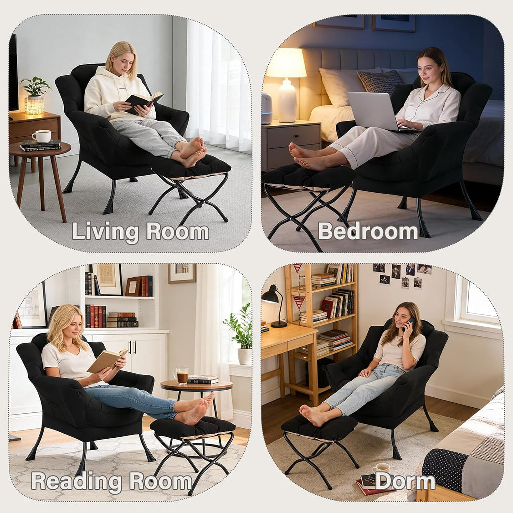 MBOOYOME Lazy Chair with Folding Ottoman, Modern Accent Lounge Armchair with Armrests and a Side Pocket & Foldable Footstool, Leisure Reading Chair for Living Room, Bedroom, Dorm & Office, Black