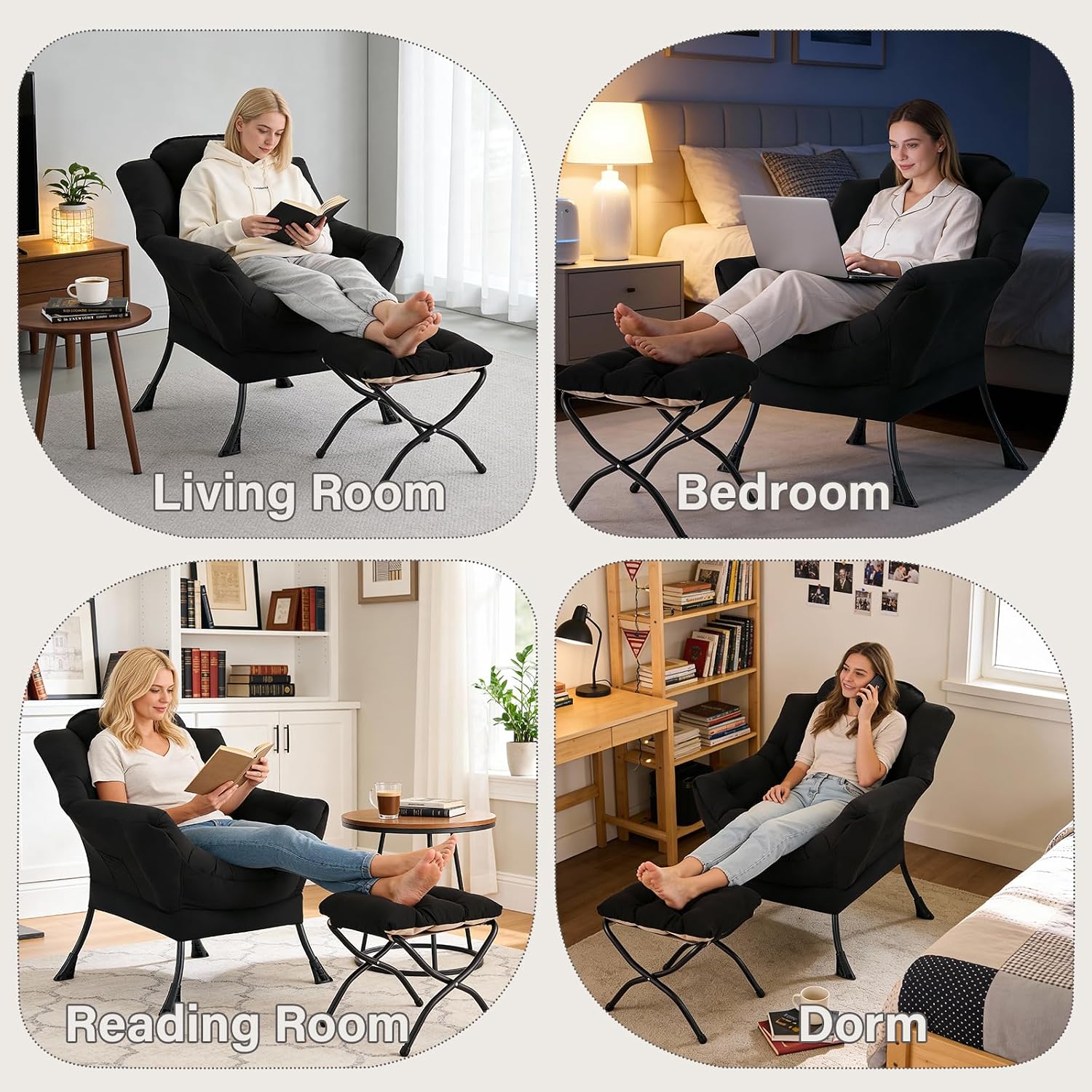 MBOOYOME Lazy Chair with Folding Ottoman, Modern Accent Lounge Armchair with Armrests and a Side Pocket & Foldable Footstool, Leisure Reading Chair for Living Room, Bedroom, Dorm & Office, Black
