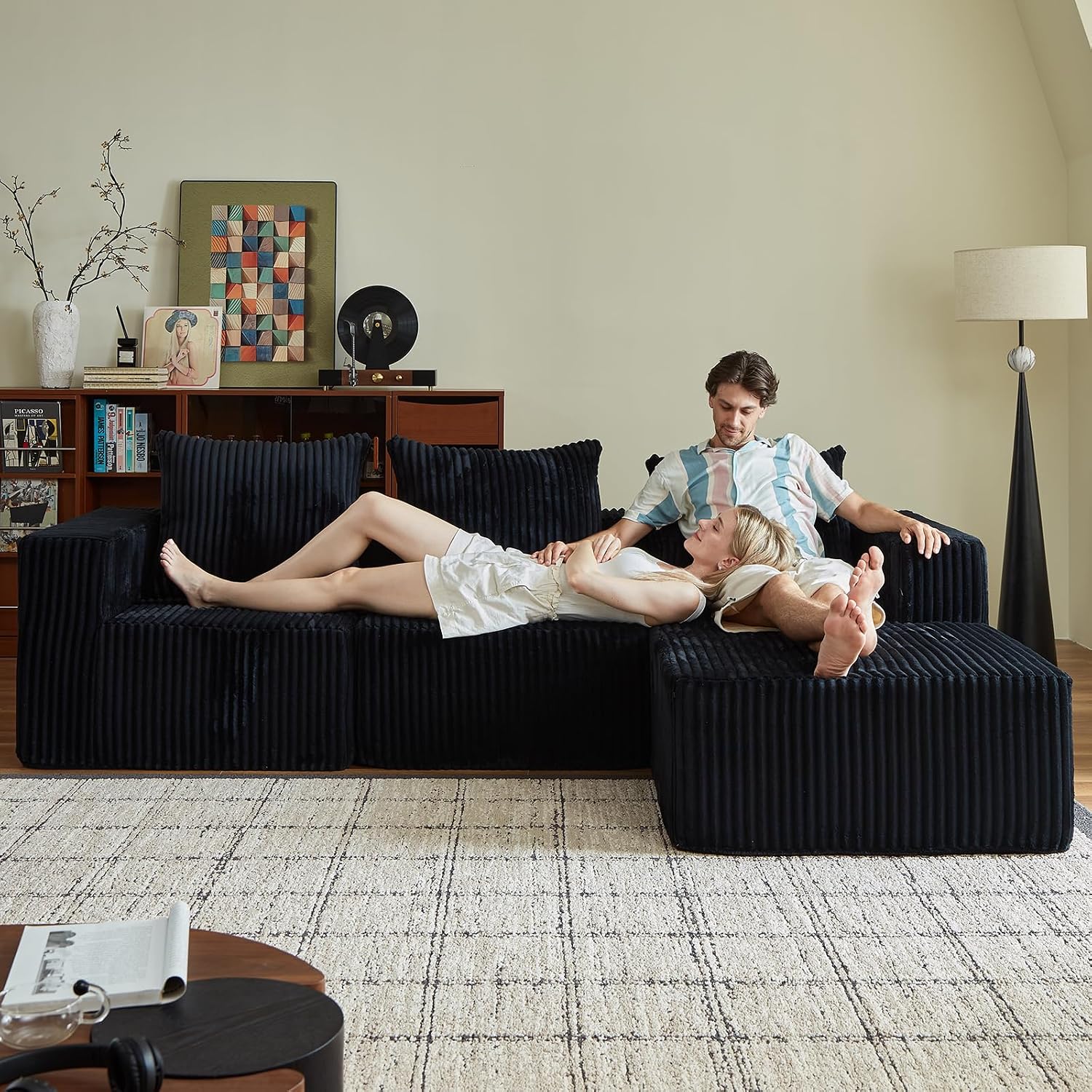 102' Black Couch for Living Room,Boneless Couch No Assembly Required,Comfy Couches with Oversized Chaise,Compressed Sofa for Any Room,Modern Sofa-Corduroy