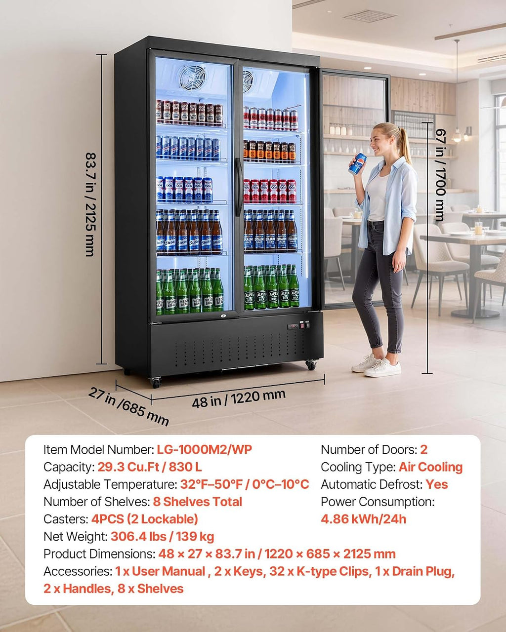 VEVOR Commercial Merchandiser Refrigerator, 29.3 Cu.Ft / 830L Upright Beverage Cooler, 2 Glass Door Display Refrigerator with 8 Adjustable Shelves, Soft LED Light & Casters for Bars Shops Supermarkets