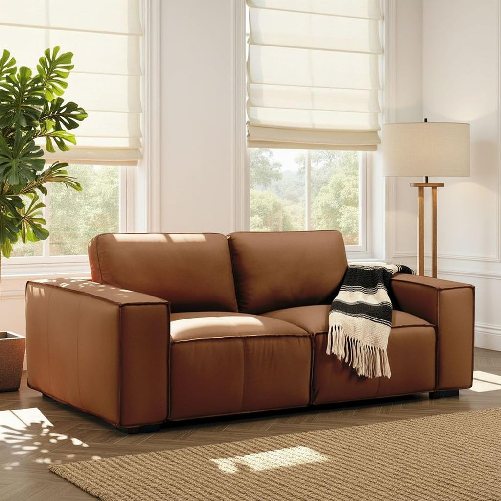 Clayton 76' Modern Leather Loveseat in Anthracite Gray or Ochre with Track Arms