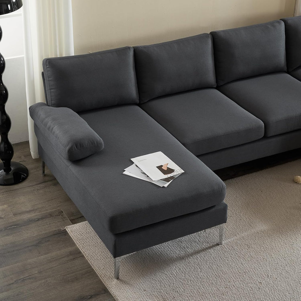 Karl home 110' Sectional Sofa U-Shaped 4-Seat Couch with Chaises Linen Fabric Upholstered for Living Room, Apartment, Office, Dark Gray