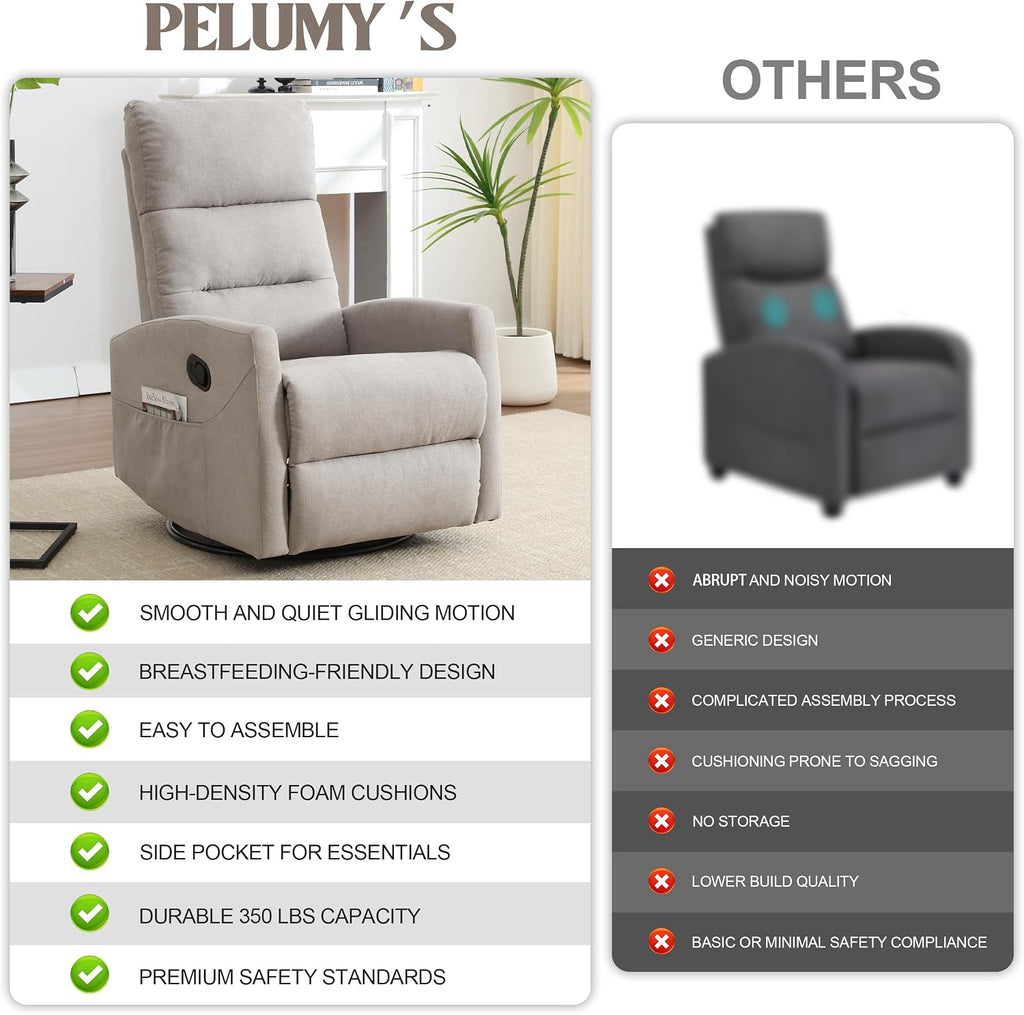 PELUMY Manual Recliner Chair, 360° Swivel Glider and Rocker Recliner with 155° Recline, Compact Fabric Recliner for Small Space, Nursery, Living Room, Bedroom, No Tools Assembly (Light Grey)