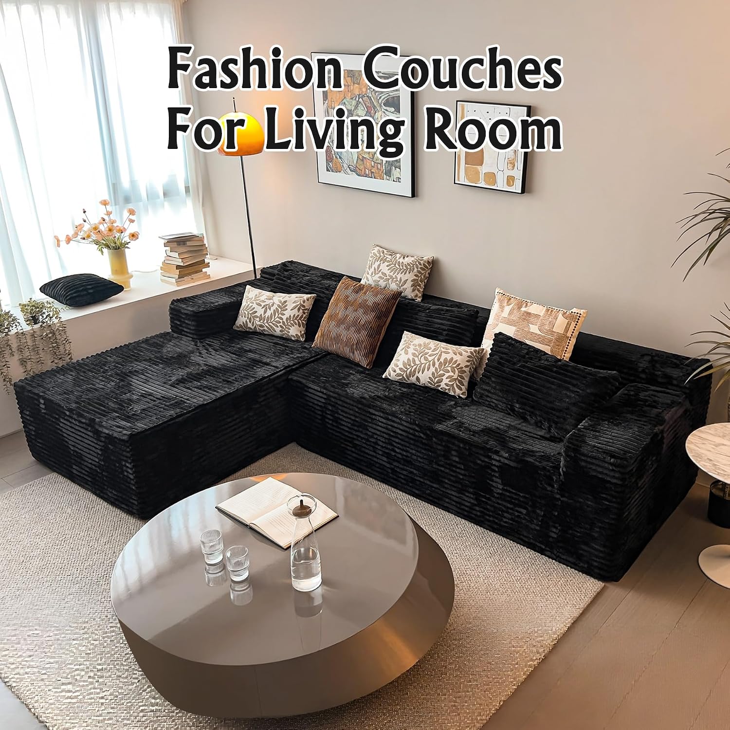 104' Cloud Sectional Couch with L-Shape Chaise， Modern Modular Sofa, Deep Seat Comfort, No Assembly Required(Plush Corduroy Fabric)