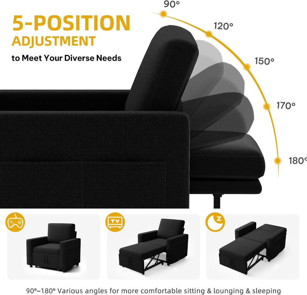 DWVO Convertible Sleeper Chair, 3-in-1 Sofa Bed with Reclining Backrest, 75' Single Sleeper Couch with Pull-Out Bed and Wide Armrest, Linen Futon Sofa for Dorm Apartment, Black