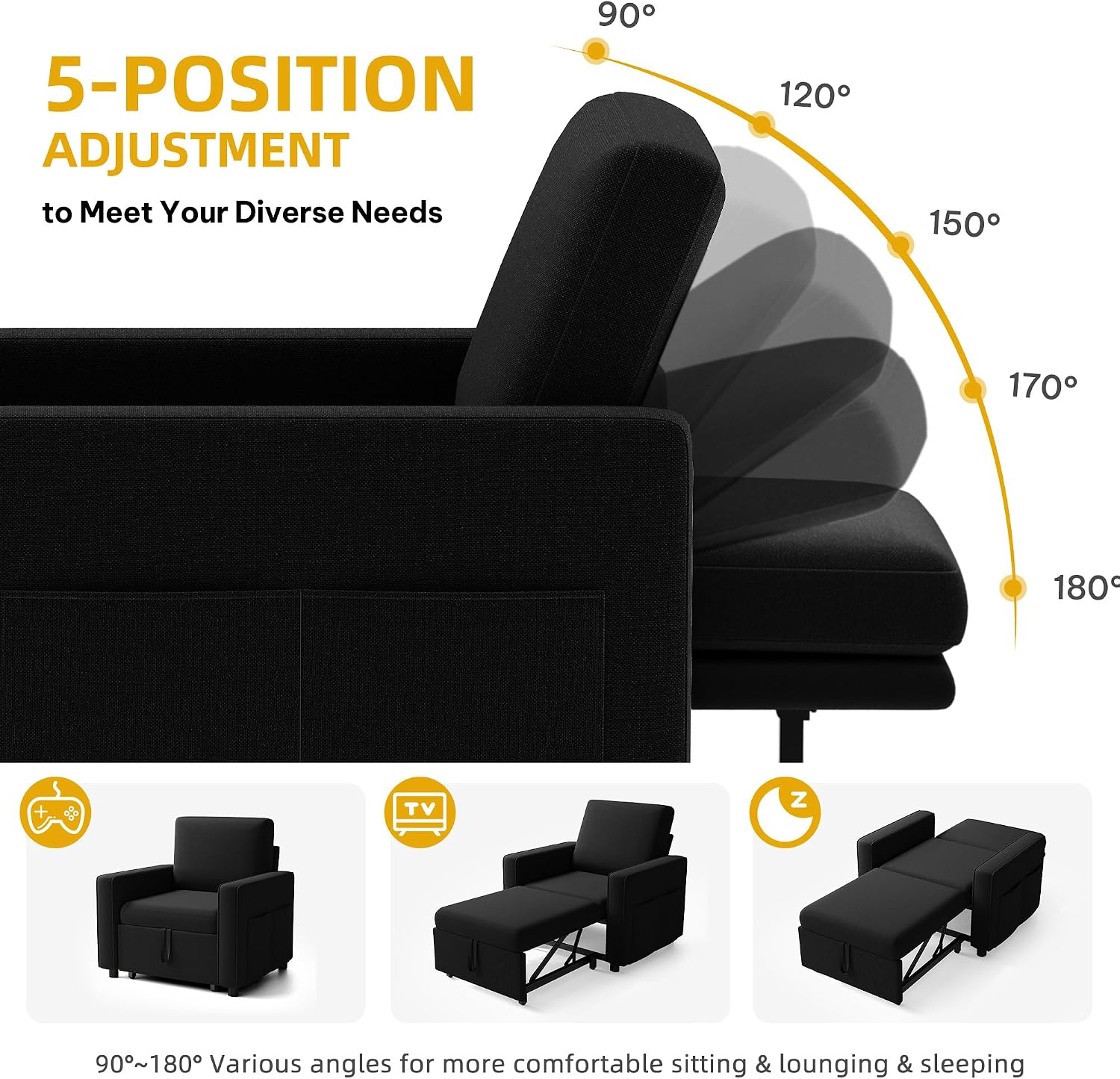 DWVO Convertible Sleeper Chair, 3-in-1 Sofa Bed with Reclining Backrest, 75' Single Sleeper Couch with Pull-Out Bed and Wide Armrest, Linen Futon Sofa for Dorm Apartment, Black