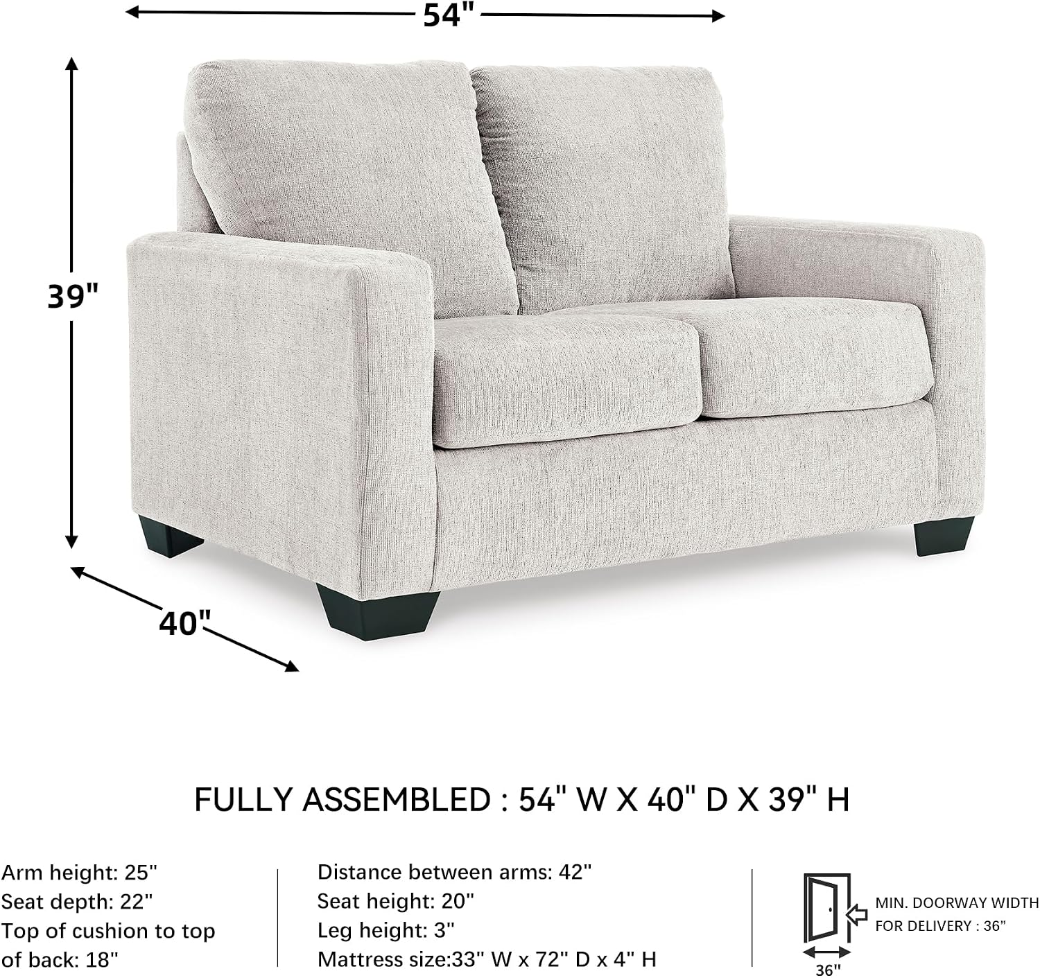 Signature Design by Ashley Rannis Coastal 2-in-1 Sofa Sleeper with Folding Gel Memory Foam Mattress, Twin, White