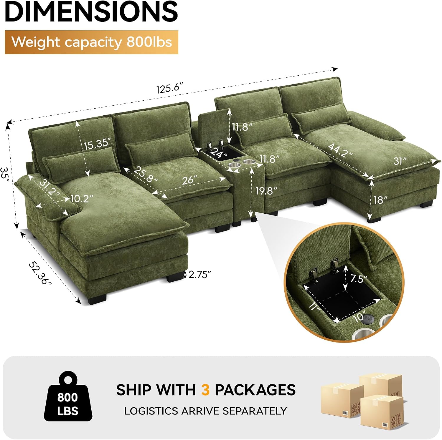 125'' U Shaped Cloud Modular Sofa with Chaise Lounges, Chenille Upholstered Comfy Sectional Couch with Storage Console, USB Charging Ports & Cup Holders, Small Deep Seat Sofa for Living Room, Green
